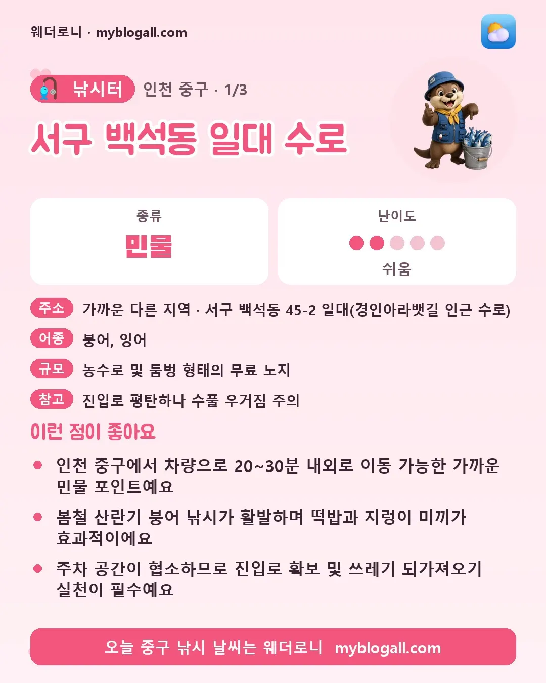 중구 낚시터 · 서구 백석동 일대 수로 — 민물 · 난이도 2/5 — 인천 중구에서 차량으로 20~30분 내외로 이동 가능한 가까운 민물 포인트예요 — 봄철 산란기 붕어 낚시가 활발하며 떡밥과 지렁이 미끼가 효과적이에요