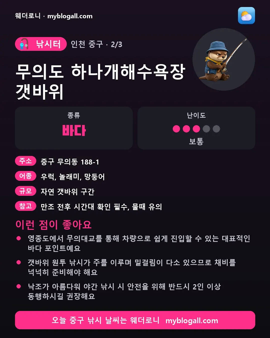 중구 낚시터 · 무의도 하나개해수욕장 갯바위 — 바다 · 난이도 3/5 — 영종도에서 무의대교를 통해 차량으로 쉽게 진입할 수 있는 대표적인 바다 포인트예요 — 갯바위 원투 낚시가 주를 이루며 밑걸림이 다소 있으므로 채비를 넉넉히 준비해야 해요