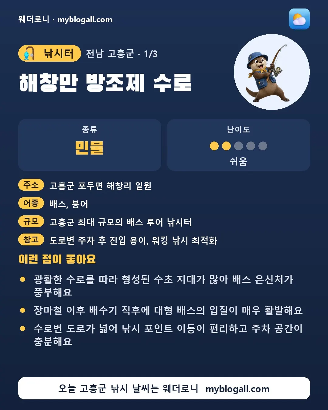 고흥군 낚시터 · 해창만 방조제 수로 — 민물 · 난이도 2/5 — 광활한 수로를 따라 형성된 수초 지대가 많아 배스 은신처가 풍부해요 — 장마철 이후 배수기 직후에 대형 배스의 입질이 매우 활발해요