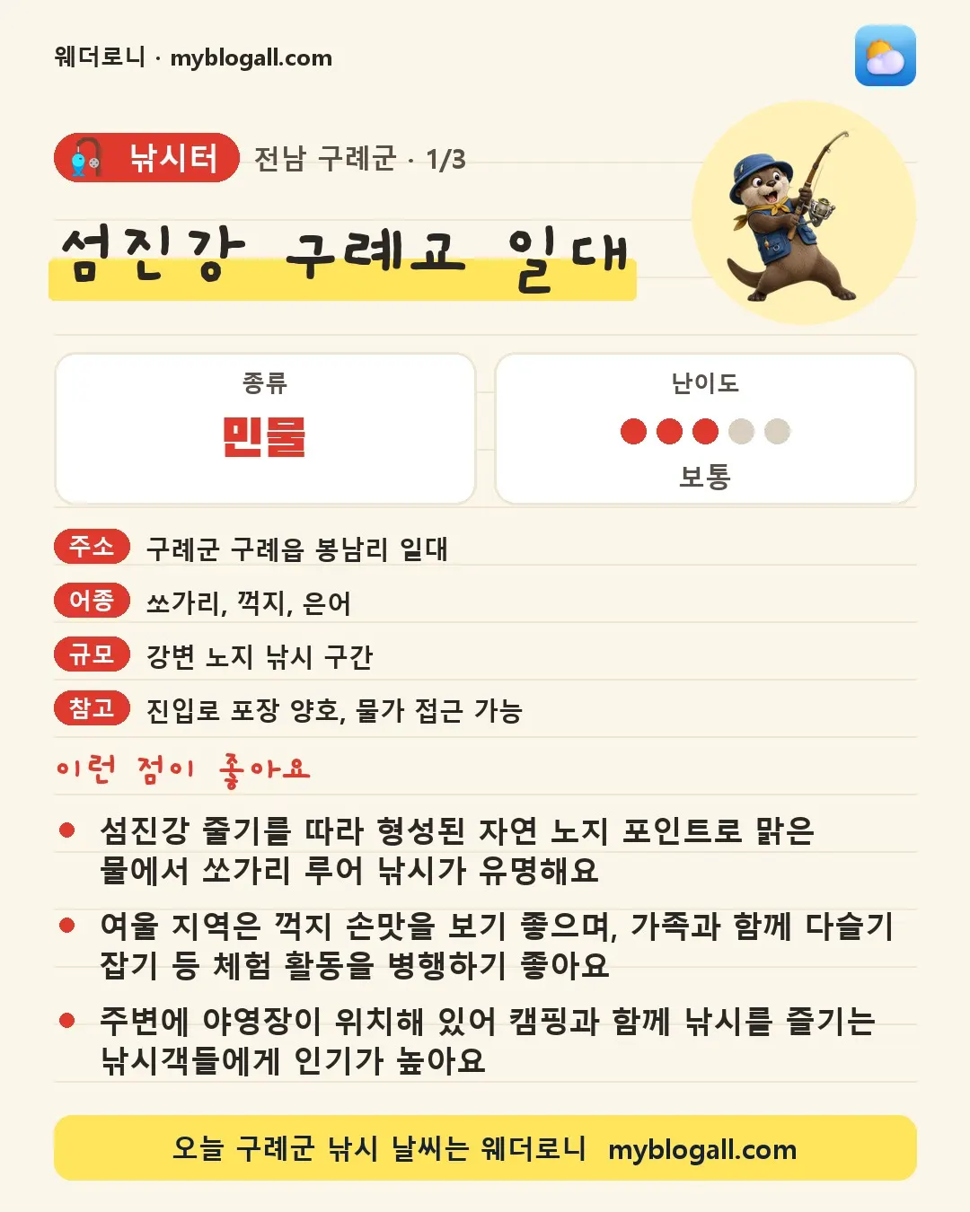 구례군 낚시터 · 섬진강 구례교 일대 — 민물 · 난이도 3/5 — 섬진강 줄기를 따라 형성된 자연 노지 포인트로 맑은 물에서 쏘가리 루어 낚시가 유명해요 — 여울 지역은 꺽지 손맛을 보기 좋으며, 가족과 함께 다슬기 잡기 등 체험 활동을 병행하기 좋아요
