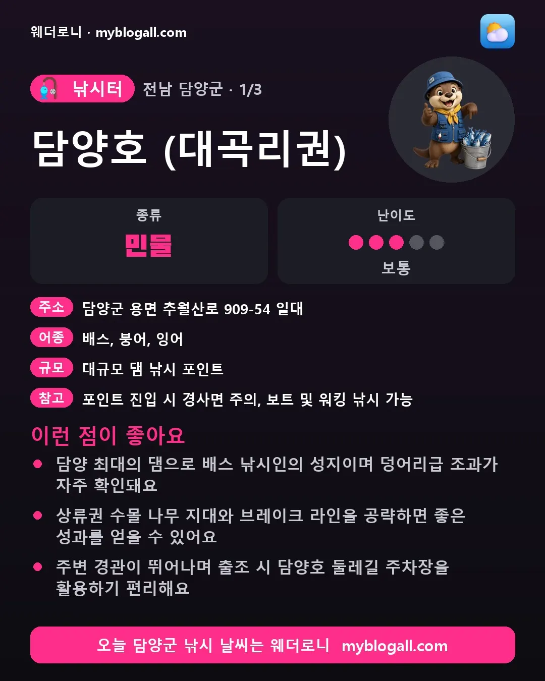 담양군 낚시터 · 담양호 (대곡리권) — 민물 · 난이도 3/5 — 담양 최대의 댐으로 배스 낚시인의 성지이며 덩어리급 조과가 자주 확인돼요 — 상류권 수몰 나무 지대와 브레이크 라인을 공략하면 좋은 성과를 얻을 수 있어요