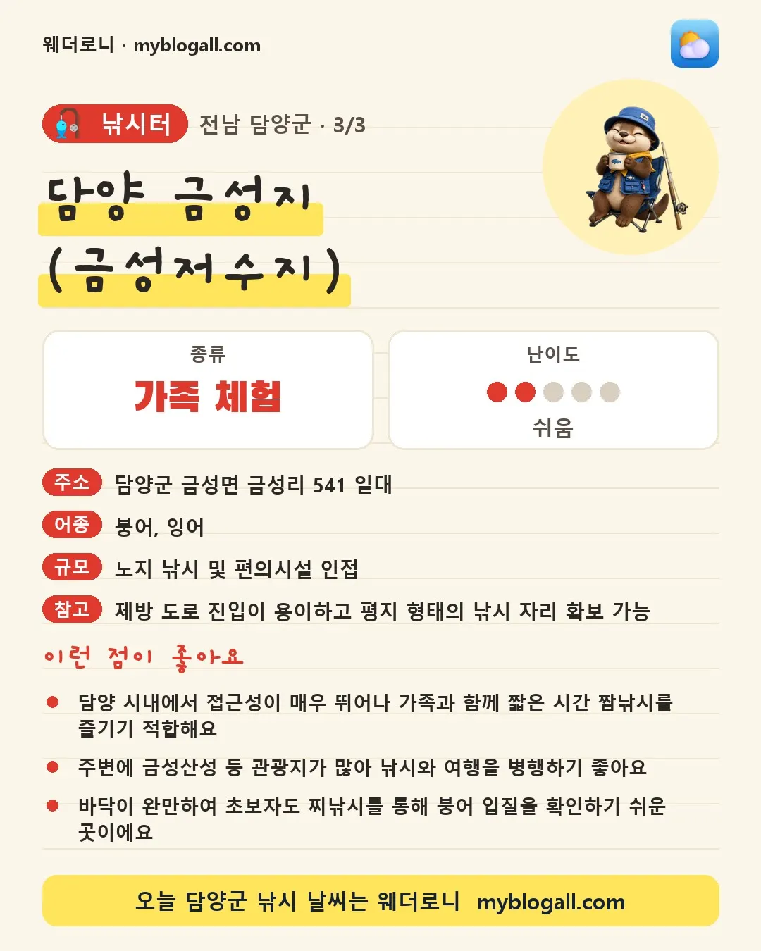 담양군 낚시터 · 담양 금성지 (금성저수지) — 가족·체험 · 난이도 2/5 — 담양 시내에서 접근성이 매우 뛰어나 가족과 함께 짧은 시간 짬낚시를 즐기기 적합해요 — 주변에 금성산성 등 관광지가 많아 낚시와 여행을 병행하기 좋아요