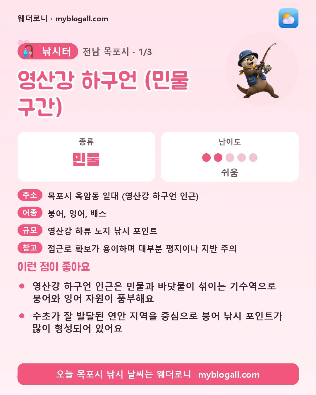 목포시 낚시터 · 영산강 하구언 (민물 구간) — 민물 · 난이도 2/5 — 영산강 하구언 인근은 민물과 바닷물이 섞이는 기수역으로 붕어와 잉어 자원이 풍부해요 — 수초가 잘 발달된 연안 지역을 중심으로 붕어 낚시 포인트가 많이 형성되어 있어요