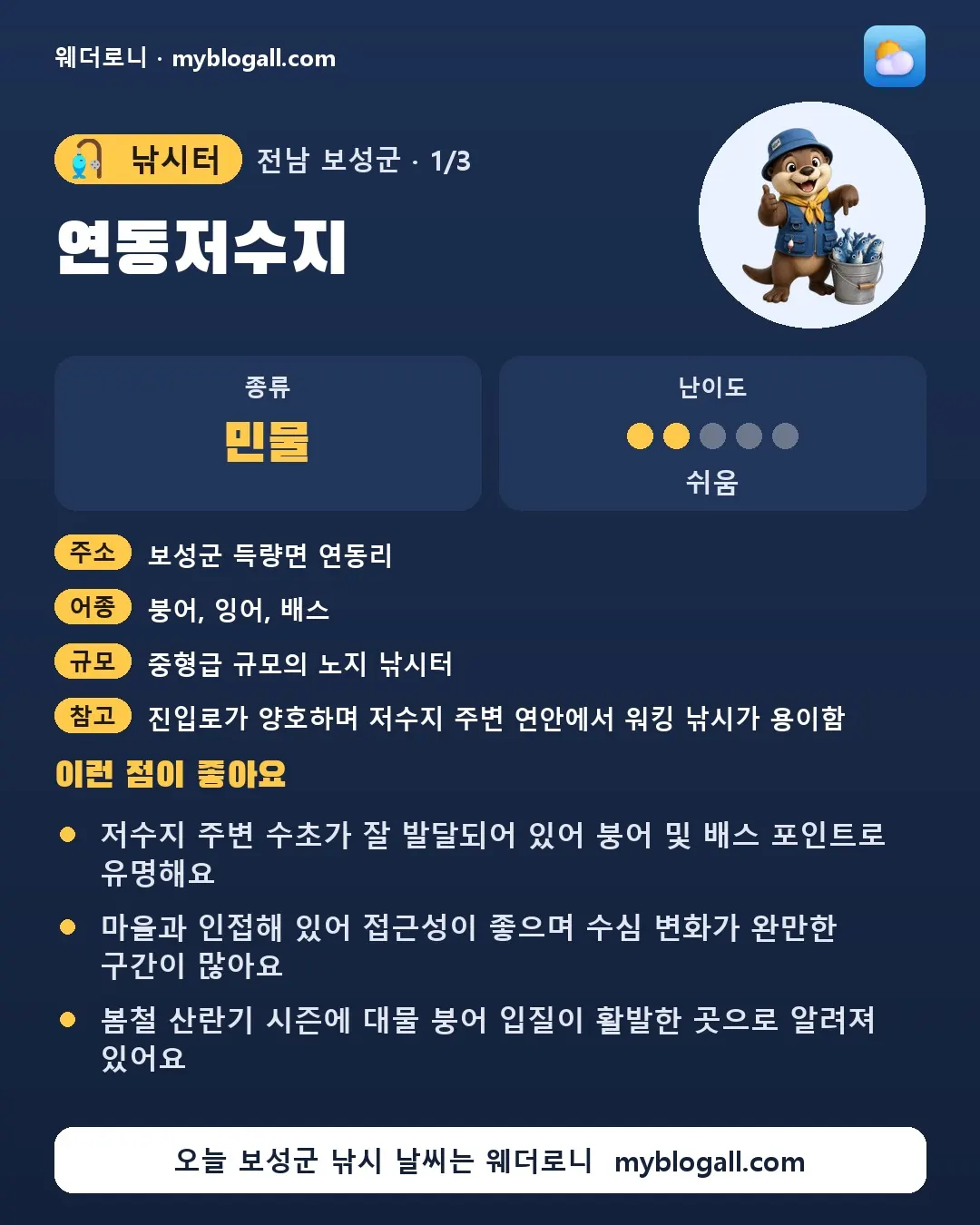 보성군 낚시터 · 연동저수지 — 민물 · 난이도 2/5 — 저수지 주변 수초가 잘 발달되어 있어 붕어 및 배스 포인트로 유명해요 — 마을과 인접해 있어 접근성이 좋으며 수심 변화가 완만한 구간이 많아요