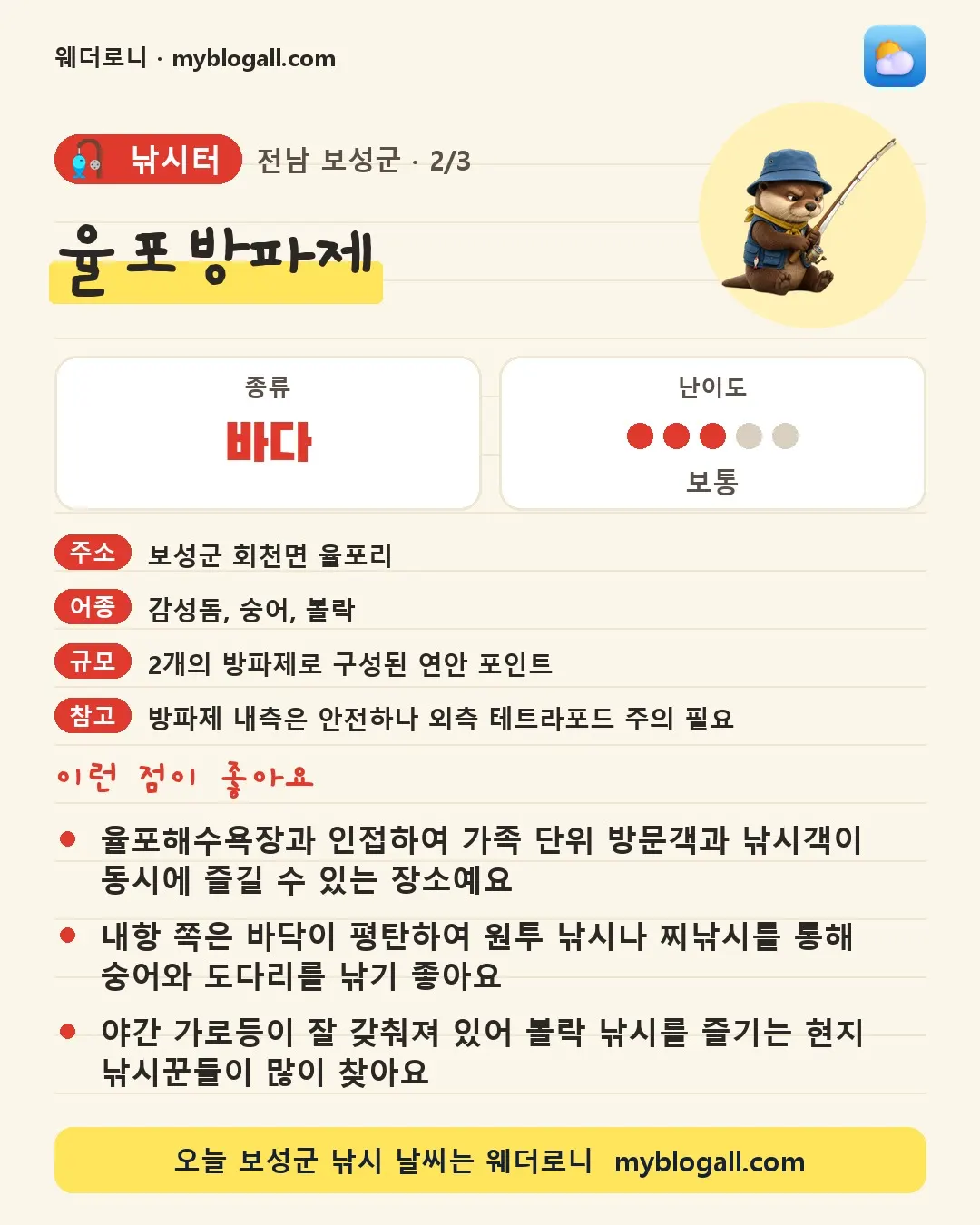 보성군 낚시터 · 율포방파제 — 바다 · 난이도 3/5 — 율포해수욕장과 인접하여 가족 단위 방문객과 낚시객이 동시에 즐길 수 있는 장소예요 — 내항 쪽은 바닥이 평탄하여 원투 낚시나 찌낚시를 통해 숭어와 도다리를 낚기 좋아요