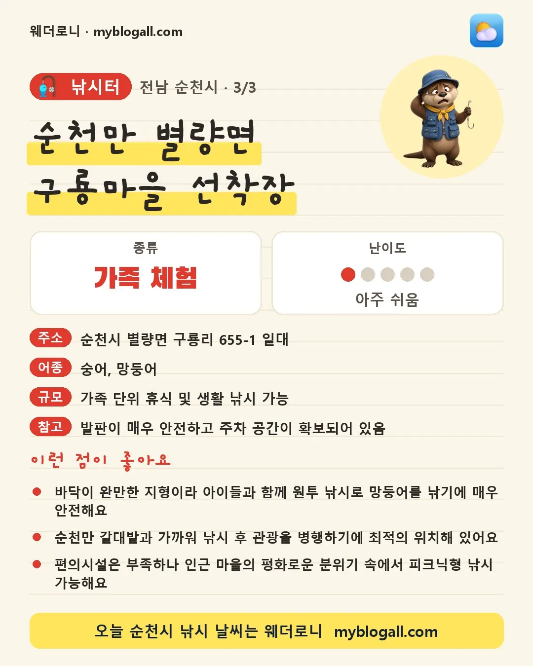 순천시 낚시터 · 순천만 별량면 구룡마을 선착장 — 가족·체험 · 난이도 1/5 — 바닥이 완만한 지형이라 아이들과 함께 원투 낚시로 망둥어를 낚기에 매우 안전해요 — 순천만 갈대밭과 가까워 낚시 후 관광을 병행하기에 최적의 위치해 있어요