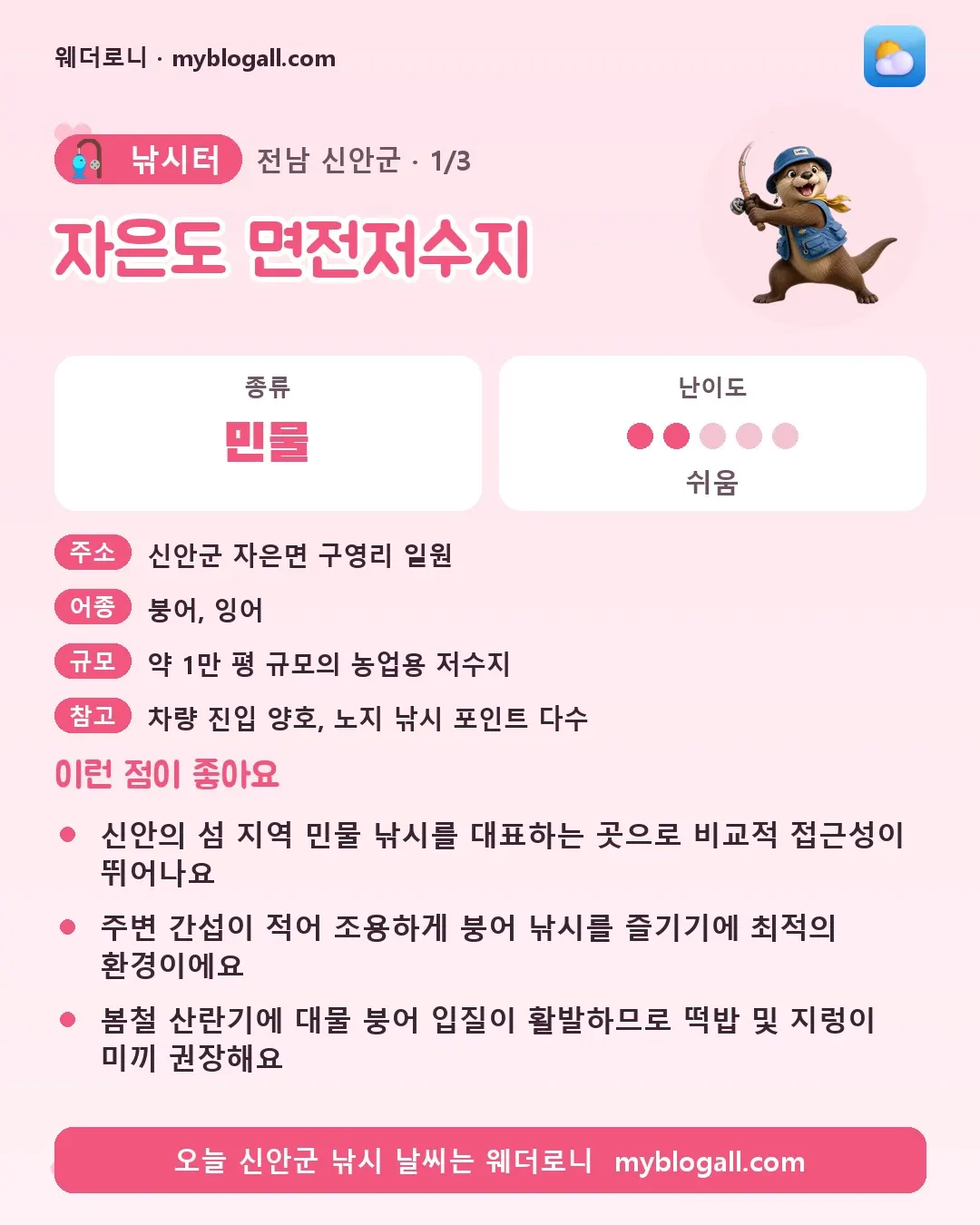신안군 낚시터 · 자은도 면전저수지 — 민물 · 난이도 2/5 — 신안의 섬 지역 민물 낚시를 대표하는 곳으로 비교적 접근성이 뛰어나요 — 주변 간섭이 적어 조용하게 붕어 낚시를 즐기기에 최적의 환경이에요