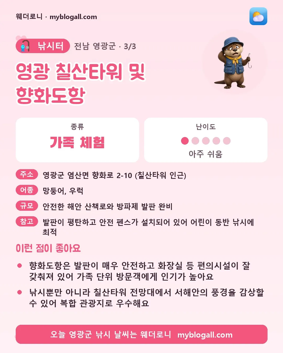 영광군 낚시터 · 영광 칠산타워 및 향화도항 — 가족·체험 · 난이도 1/5 — 향화도항은 발판이 매우 안전하고 화장실 등 편의시설이 잘 갖춰져 있어 가족 단위 방문객에게 인기가 높아요 — 낚시뿐만 아니라 칠산타워 전망대에서 서해안의 풍경을 감상할 수 있어 복합 관광지로 우수해요