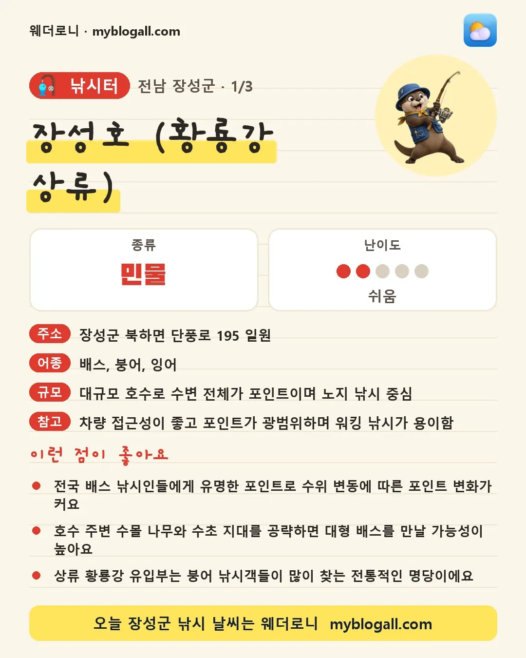 장성군 낚시터 · 장성호 (황룡강 상류) — 민물 · 난이도 2/5 — 전국 배스 낚시인들에게 유명한 포인트로 수위 변동에 따른 포인트 변화가 커요 — 호수 주변 수몰 나무와 수초 지대를 공략하면 대형 배스를 만날 가능성이 높아요