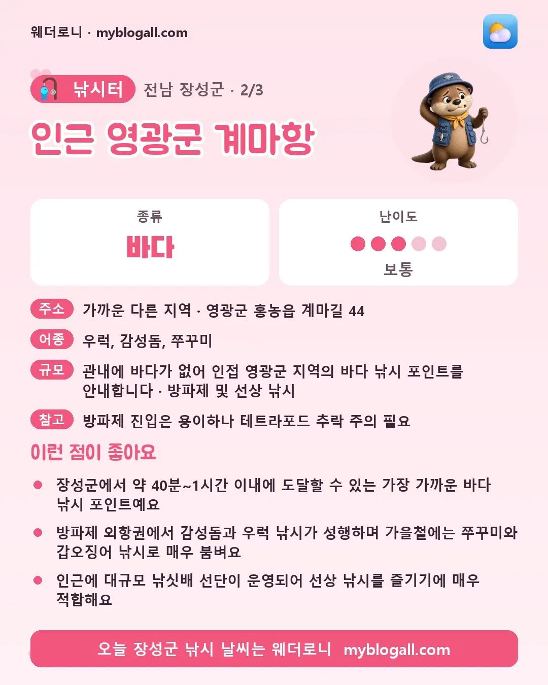 장성군 낚시터 · 인근 영광군 계마항 — 바다 · 난이도 3/5 — 장성군에서 약 40분~1시간 이내에 도달할 수 있는 가장 가까운 바다 낚시 포인트예요 — 방파제 외항권에서 감성돔과 우럭 낚시가 성행하며 가을철에는 쭈꾸미와 갑오징어 낚시로 매우 붐벼요