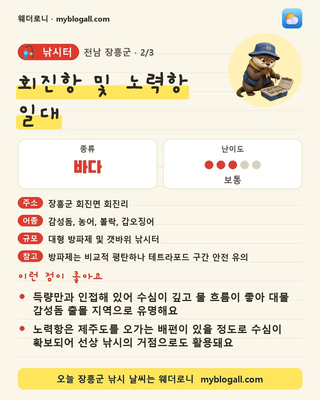 장흥군 낚시터 · 회진항 및 노력항 일대 — 바다 · 난이도 3/5 — 득량만과 인접해 있어 수심이 깊고 물 흐름이 좋아 대물 감성돔 출몰 지역으로 유명해요 — 노력항은 제주도를 오가는 배편이 있을 정도로 수심이 확보되어 선상 낚시의 거점으로도 활용돼요