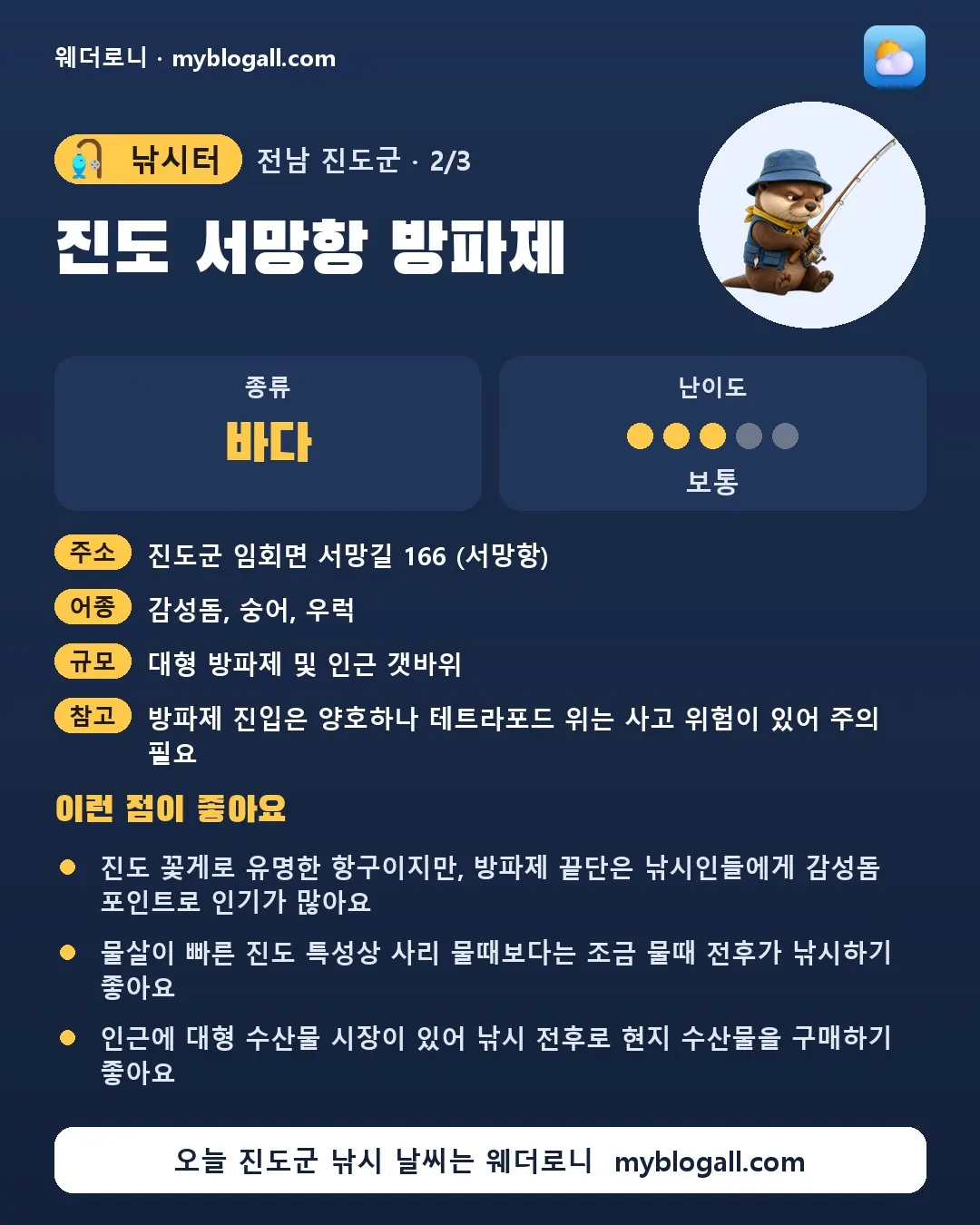 진도군 낚시터 · 진도 서망항 방파제 — 바다 · 난이도 3/5 — 진도 꽃게로 유명한 항구이지만, 방파제 끝단은 낚시인들에게 감성돔 포인트로 인기가 많아요 — 물살이 빠른 진도 특성상 사리 물때보다는 조금 물때 전후가 낚시하기 좋아요