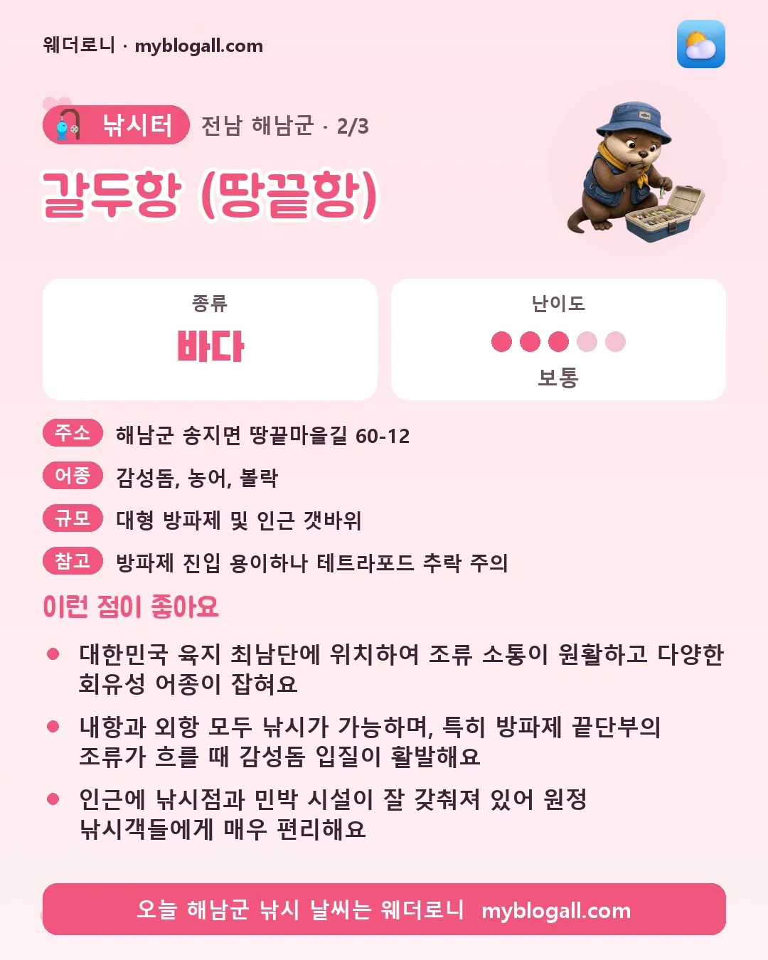 해남군 낚시터 · 갈두항 (땅끝항) — 바다 · 난이도 3/5 — 대한민국 육지 최남단에 위치하여 조류 소통이 원활하고 다양한 회유성 어종이 잡혀요 — 내항과 외항 모두 낚시가 가능하며, 특히 방파제 끝단부의 조류가 흐를 때 감성돔 입질이 활발해요