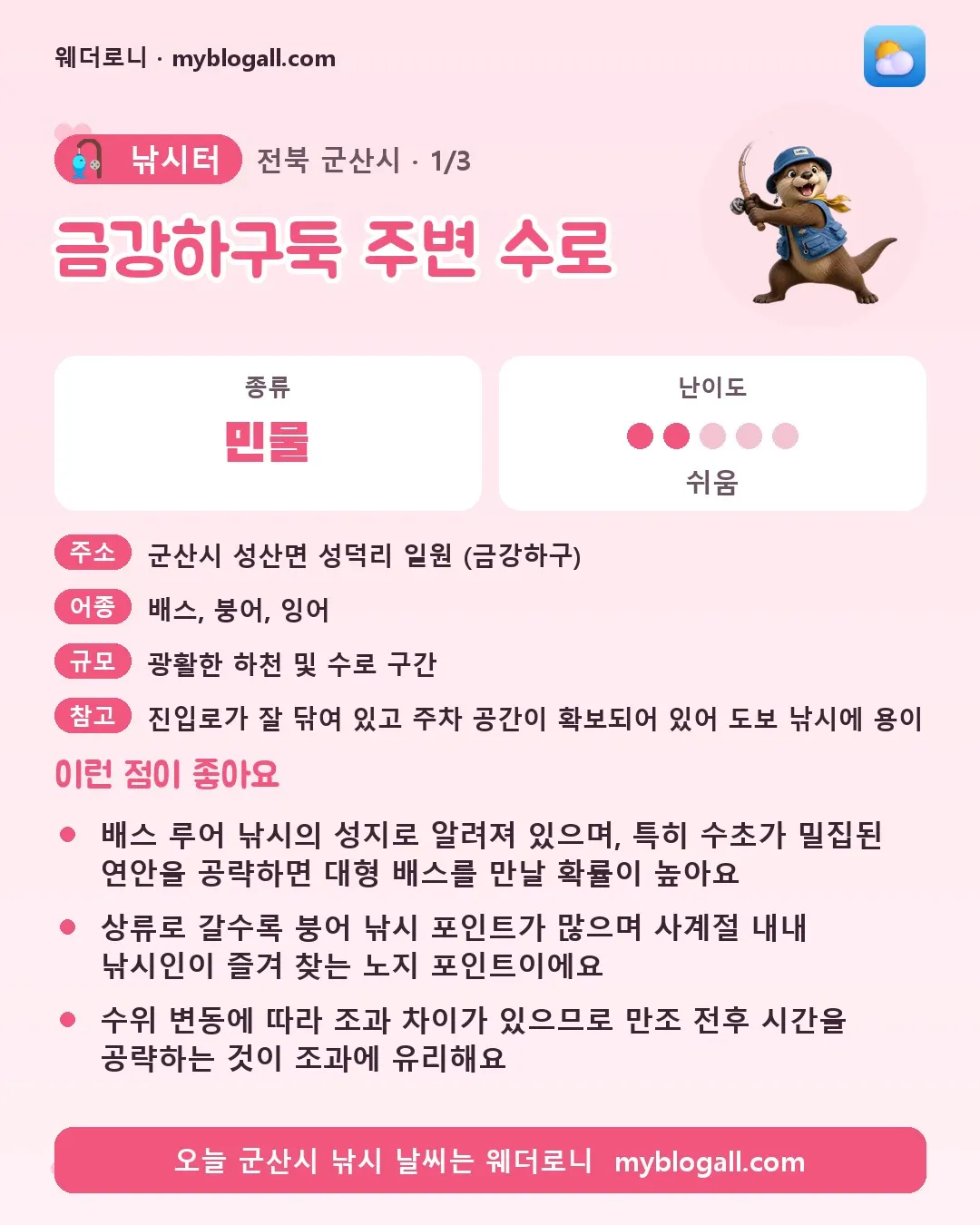 군산시 낚시터 · 금강하구둑 주변 수로 — 민물 · 난이도 2/5 — 배스 루어 낚시의 성지로 알려져 있으며, 특히 수초가 밀집된 연안을 공략하면 대형 배스를 만날 확률이 높아요 — 상류로 갈수록 붕어 낚시 포인트가 많으며 사계절 내내 낚시인이 즐겨 찾는 노지 포인트이에요