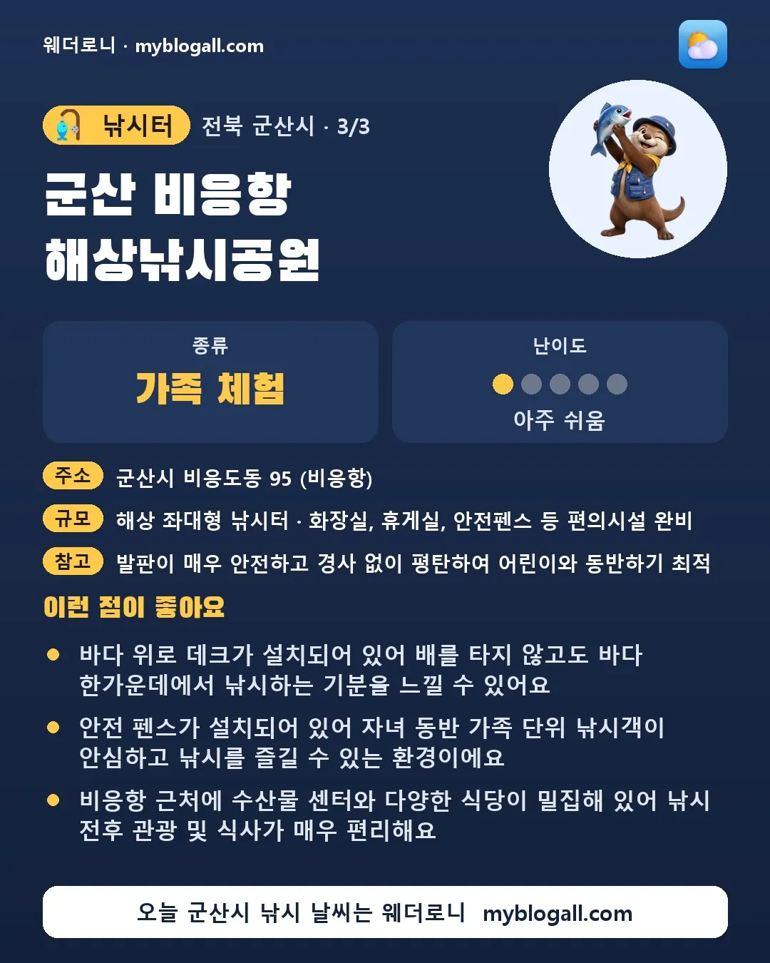 군산시 낚시터 · 군산 비응항 해상낚시공원 — 가족·체험 · 난이도 1/5 — 바다 위로 데크가 설치되어 있어 배를 타지 않고도 바다 한가운데에서 낚시하는 기분을 느낄 수 있어요 — 안전 펜스가 설치되어 있어 자녀 동반 가족 단위 낚시객이 안심하고 낚시를 즐길 수 있는 환경이에요