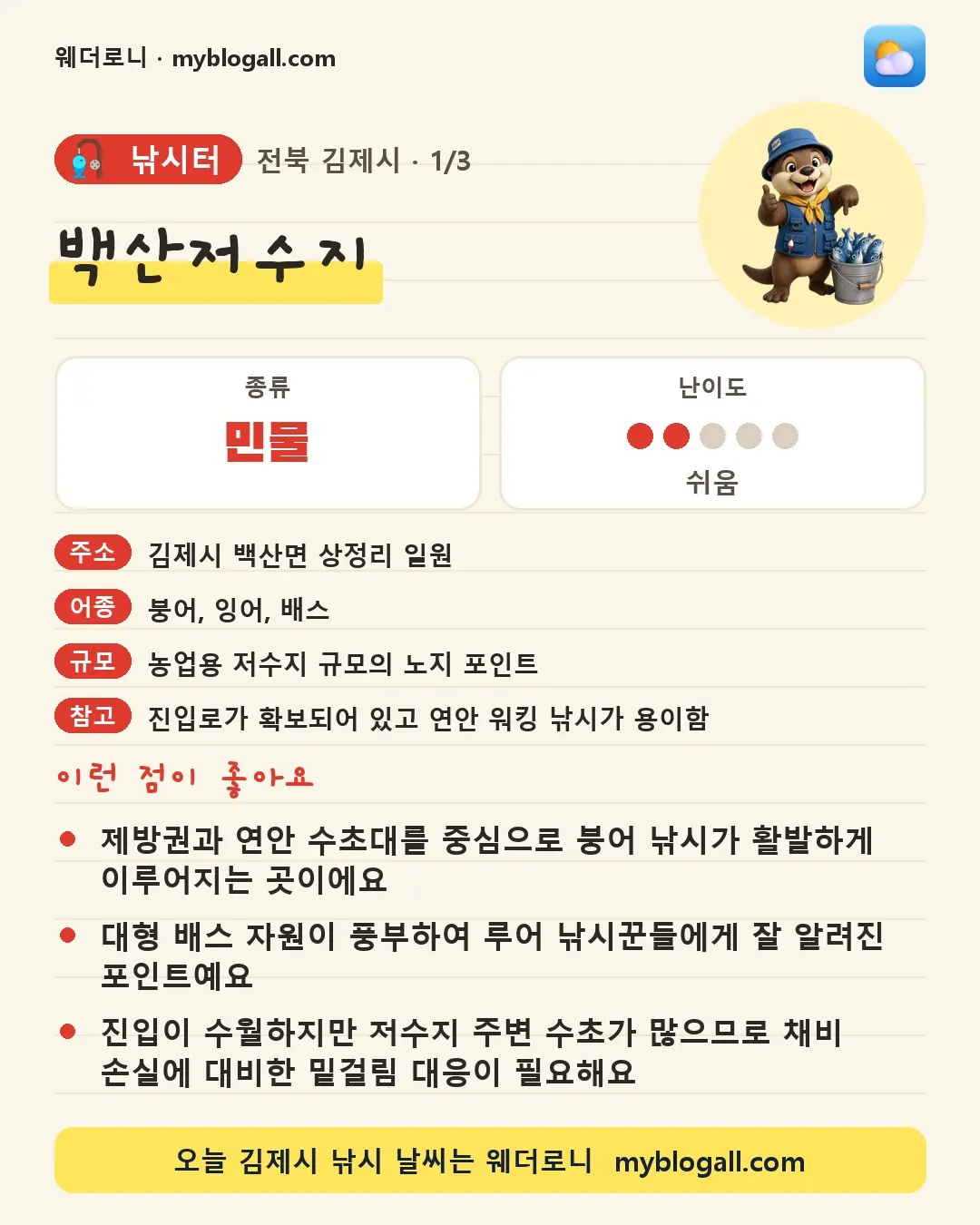김제시 낚시터 · 백산저수지 — 민물 · 난이도 2/5 — 제방권과 연안 수초대를 중심으로 붕어 낚시가 활발하게 이루어지는 곳이에요 — 대형 배스 자원이 풍부하여 루어 낚시꾼들에게 잘 알려진 포인트예요