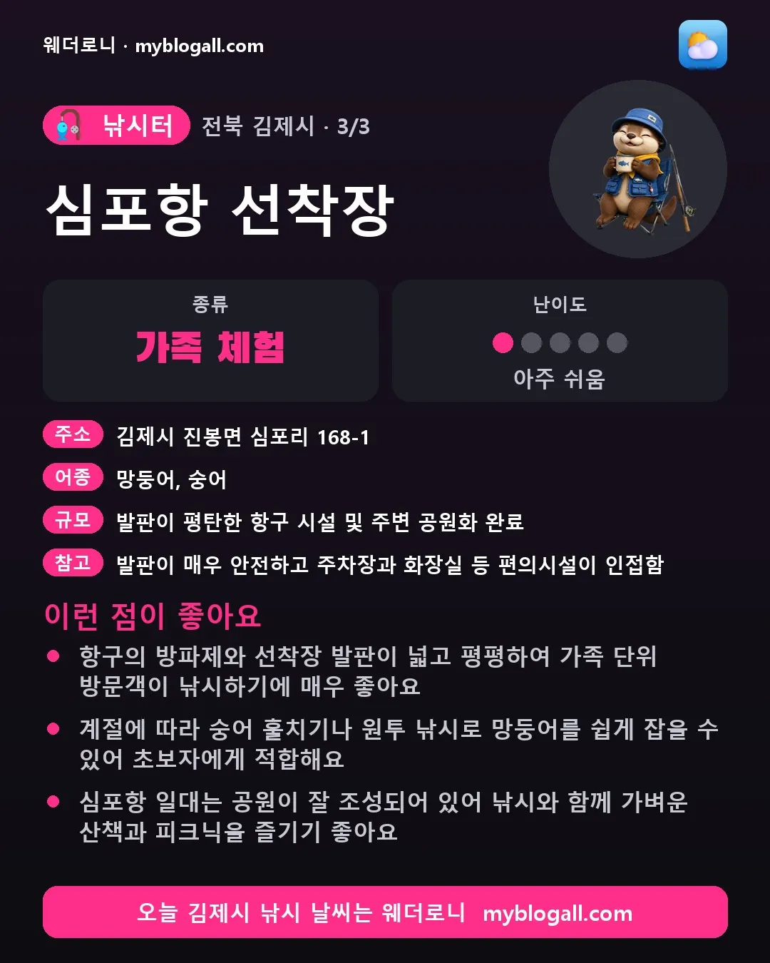 김제시 낚시터 · 심포항 선착장 — 가족·체험 · 난이도 1/5 — 항구의 방파제와 선착장 발판이 넓고 평평하여 가족 단위 방문객이 낚시하기에 매우 좋아요 — 계절에 따라 숭어 훌치기나 원투 낚시로 망둥어를 쉽게 잡을 수 있어 초보자에게 적합해요