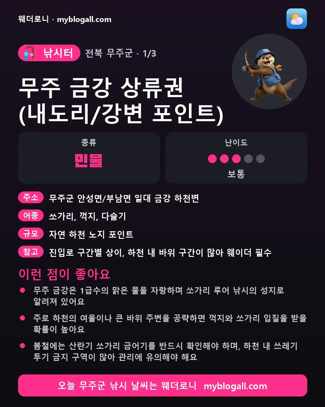 무주군 낚시터 · 무주 금강 상류권 (내도리/강변 포인트) — 민물 · 난이도 3/5 — 무주 금강은 1급수의 맑은 물을 자랑하며 쏘가리 루어 낚시의 성지로 알려져 있어요 — 주로 하천의 여울이나 큰 바위 주변을 공략하면 꺽지와 쏘가리 입질을 받을 확률이 높아요
