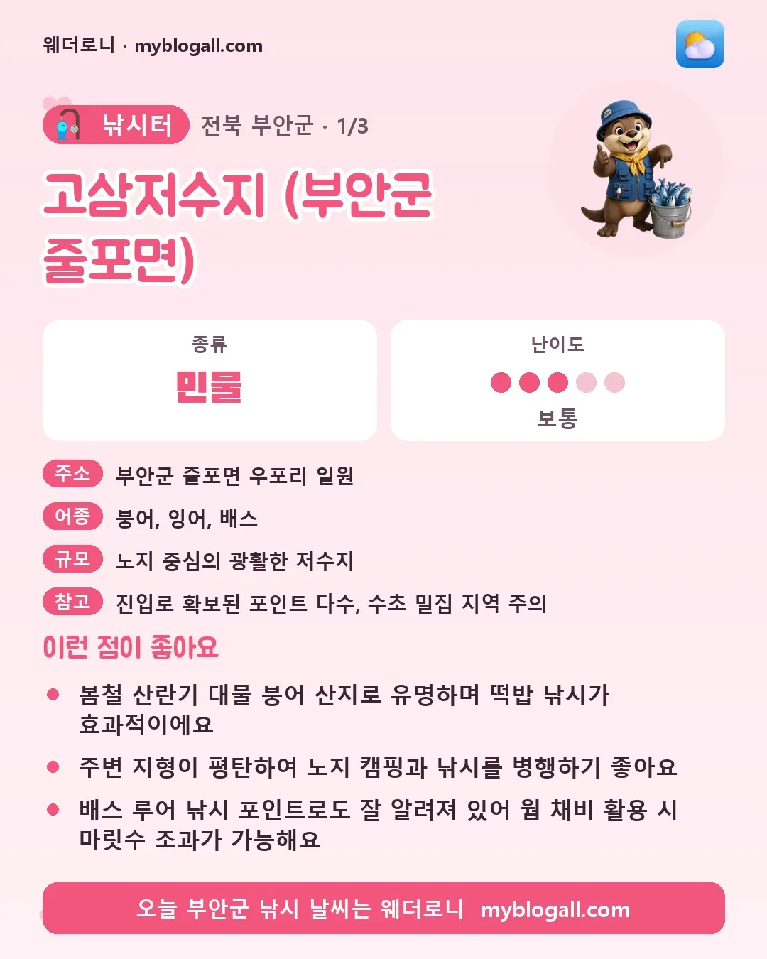 부안군 낚시터 · 고삼저수지 (부안군 줄포면) — 민물 · 난이도 3/5 — 봄철 산란기 대물 붕어 산지로 유명하며 떡밥 낚시가 효과적이에요 — 주변 지형이 평탄하여 노지 캠핑과 낚시를 병행하기 좋아요