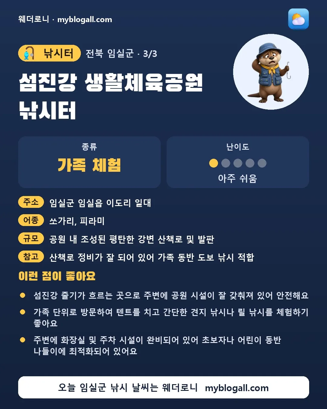 임실군 낚시터 · 섬진강 생활체육공원 낚시터 — 가족·체험 · 난이도 1/5 — 섬진강 줄기가 흐르는 곳으로 주변에 공원 시설이 잘 갖춰져 있어 안전해요 — 가족 단위로 방문하여 텐트를 치고 간단한 견지 낚시나 릴 낚시를 체험하기 좋아요
