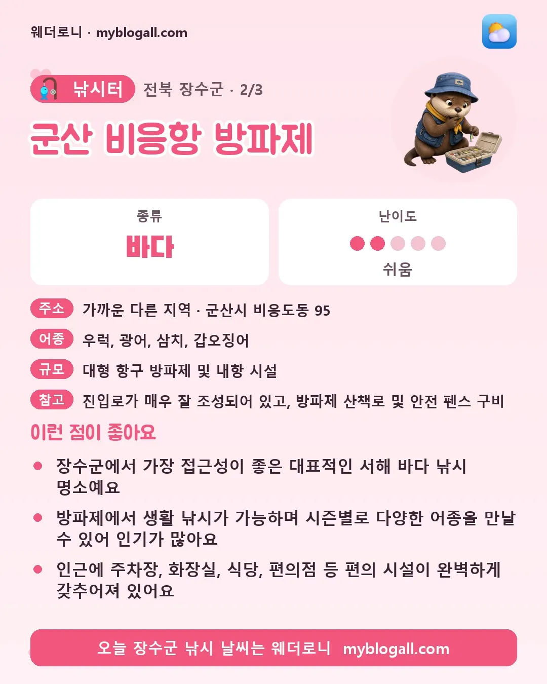 장수군 낚시터 · 군산 비응항 방파제 — 바다 · 난이도 2/5 — 장수군에서 가장 접근성이 좋은 대표적인 서해 바다 낚시 명소예요 — 방파제에서 생활 낚시가 가능하며 시즌별로 다양한 어종을 만날 수 있어 인기가 많아요