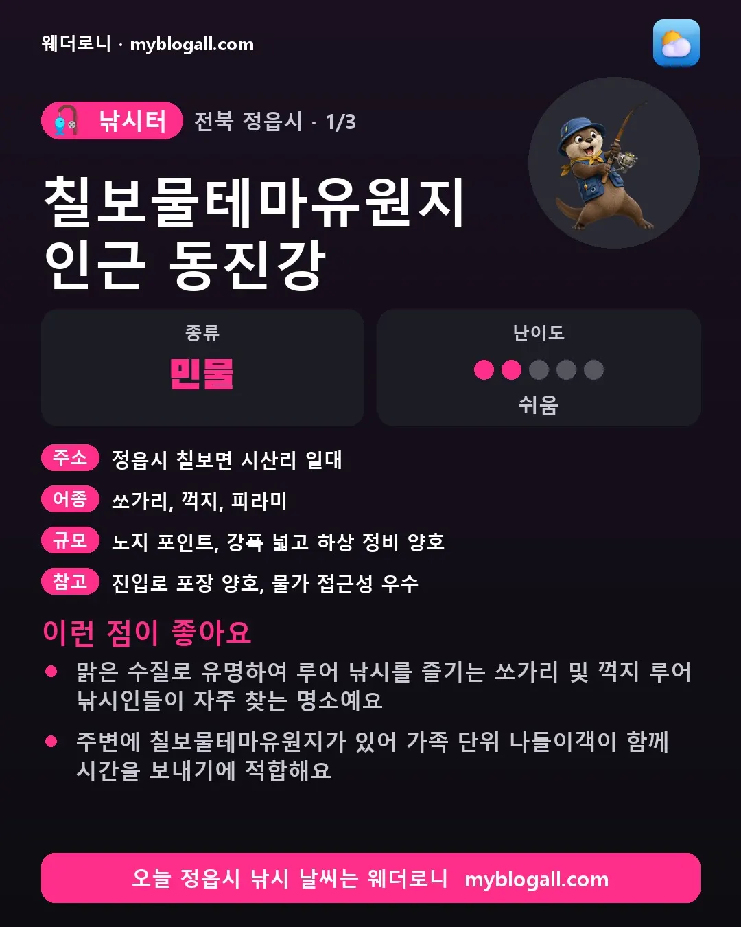 정읍시 낚시터 · 칠보물테마유원지 인근 동진강 — 민물 · 난이도 2/5 — 맑은 수질로 유명하여 루어 낚시를 즐기는 쏘가리 및 꺽지 루어 낚시인들이 자주 찾는 명소예요 — 주변에 칠보물테마유원지가 있어 가족 단위 나들이객이 함께 시간을 보내기에 적합해요
