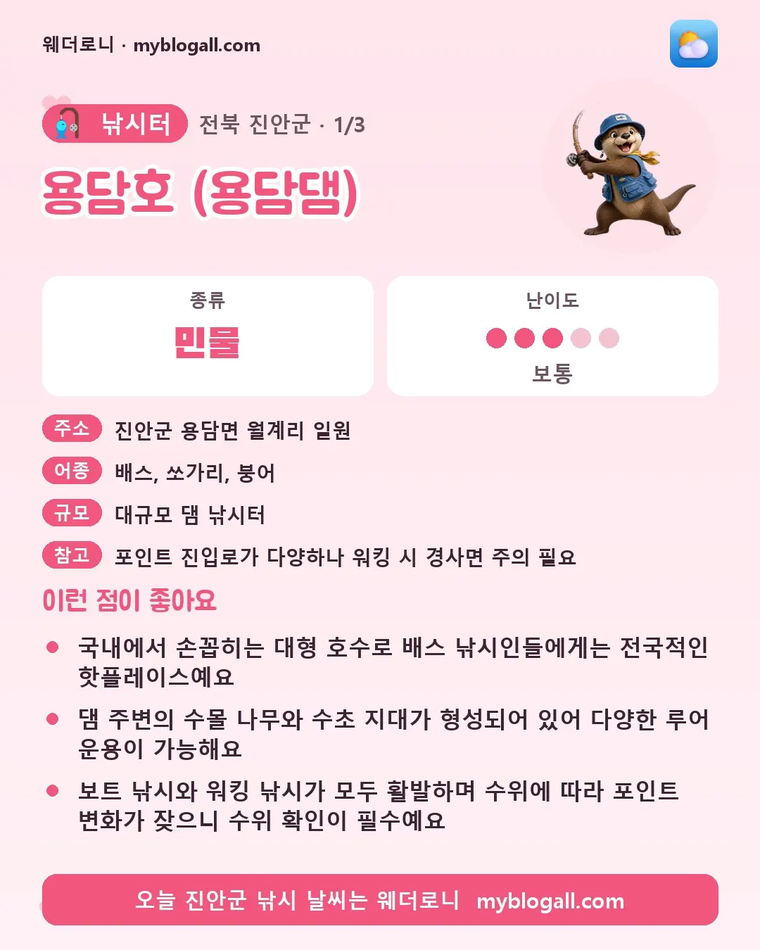 진안군 낚시터 · 용담호 (용담댐) — 민물 · 난이도 3/5 — 국내에서 손꼽히는 대형 호수로 배스 낚시인들에게는 전국적인 핫플레이스예요 — 댐 주변의 수몰 나무와 수초 지대가 형성되어 있어 다양한 루어 운용이 가능해요