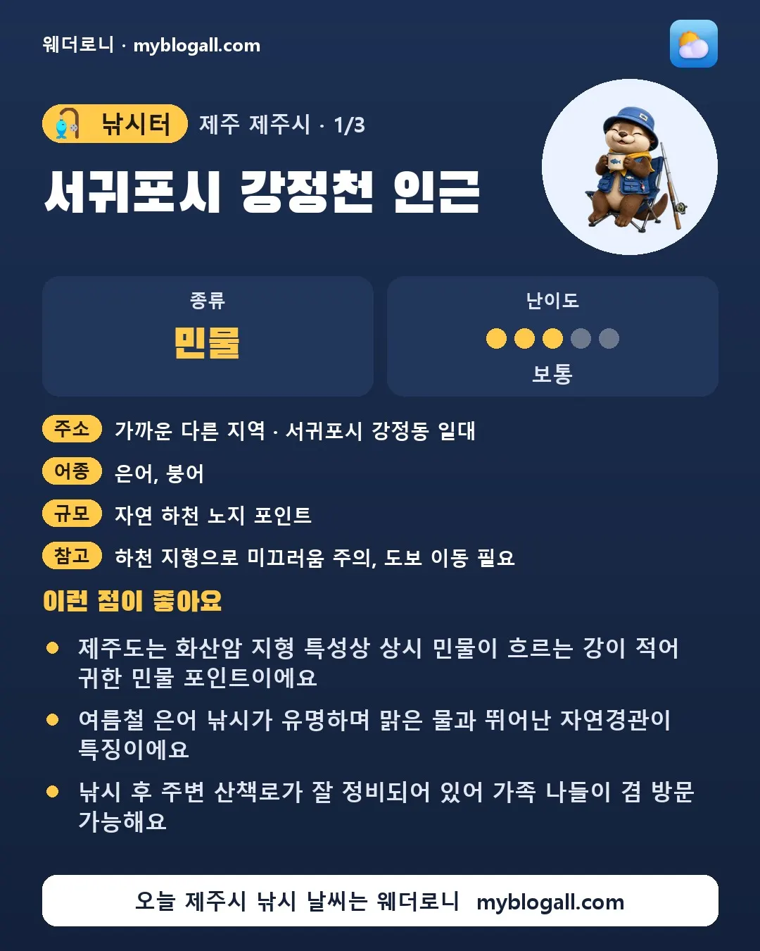 제주시 낚시터 · 서귀포시 강정천 인근 — 민물 · 난이도 3/5 — 제주도는 화산암 지형 특성상 상시 민물이 흐르는 강이 적어 귀한 민물 포인트이에요 — 여름철 은어 낚시가 유명하며 맑은 물과 뛰어난 자연경관이 특징이에요