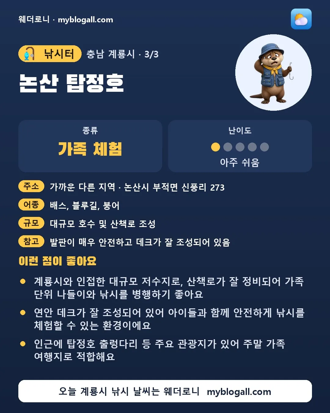 계룡시 낚시터 · 논산 탑정호 — 가족·체험 · 난이도 1/5 — 계룡시와 인접한 대규모 저수지로, 산책로가 잘 정비되어 가족 단위 나들이와 낚시를 병행하기 좋아요 — 연안 데크가 잘 조성되어 있어 아이들과 함께 안전하게 낚시를 체험할 수 있는 환경이에요