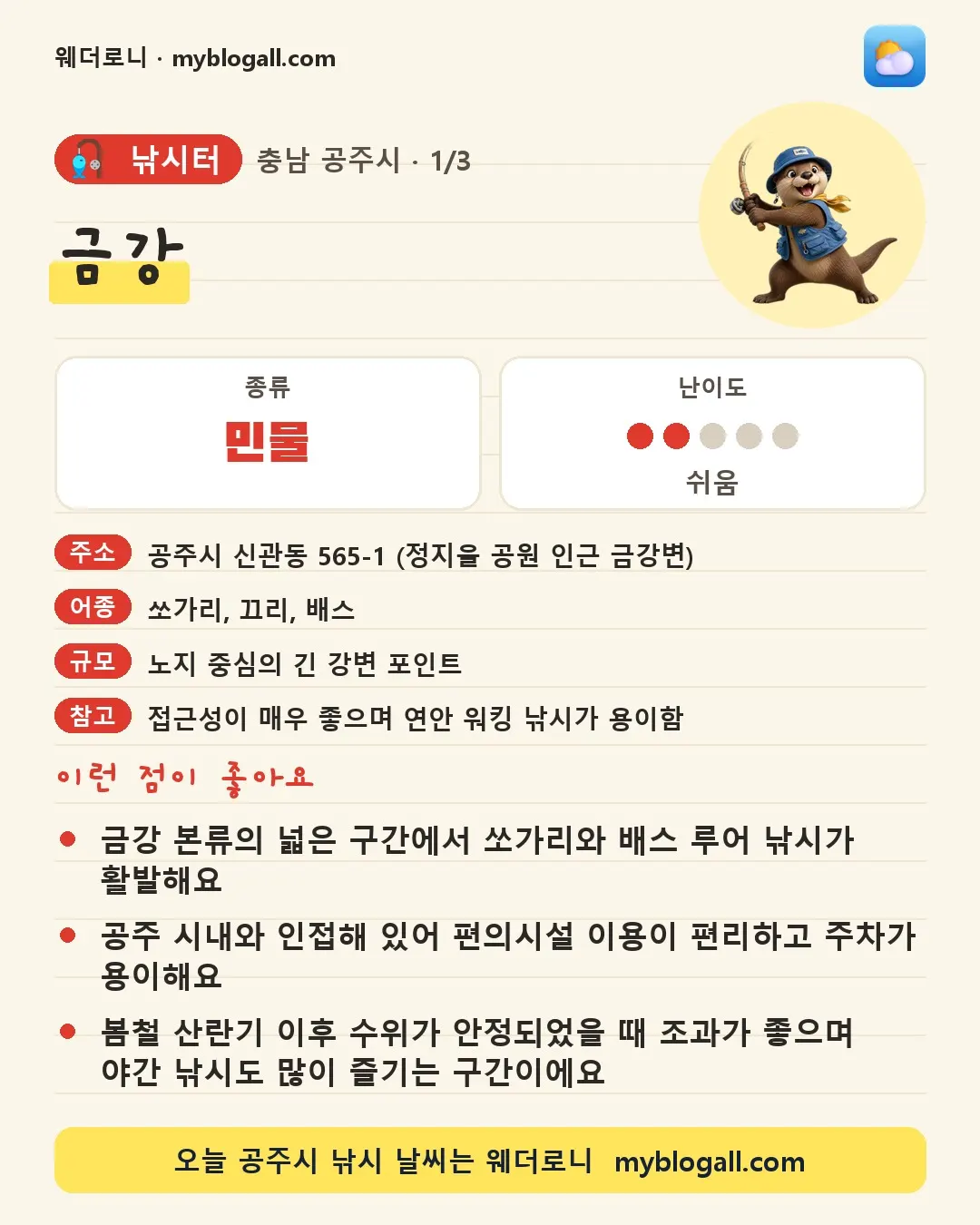 공주시 낚시터 · 금강 — 민물 · 난이도 2/5 — 금강 본류의 넓은 구간에서 쏘가리와 배스 루어 낚시가 활발해요 — 공주 시내와 인접해 있어 편의시설 이용이 편리하고 주차가 용이해요