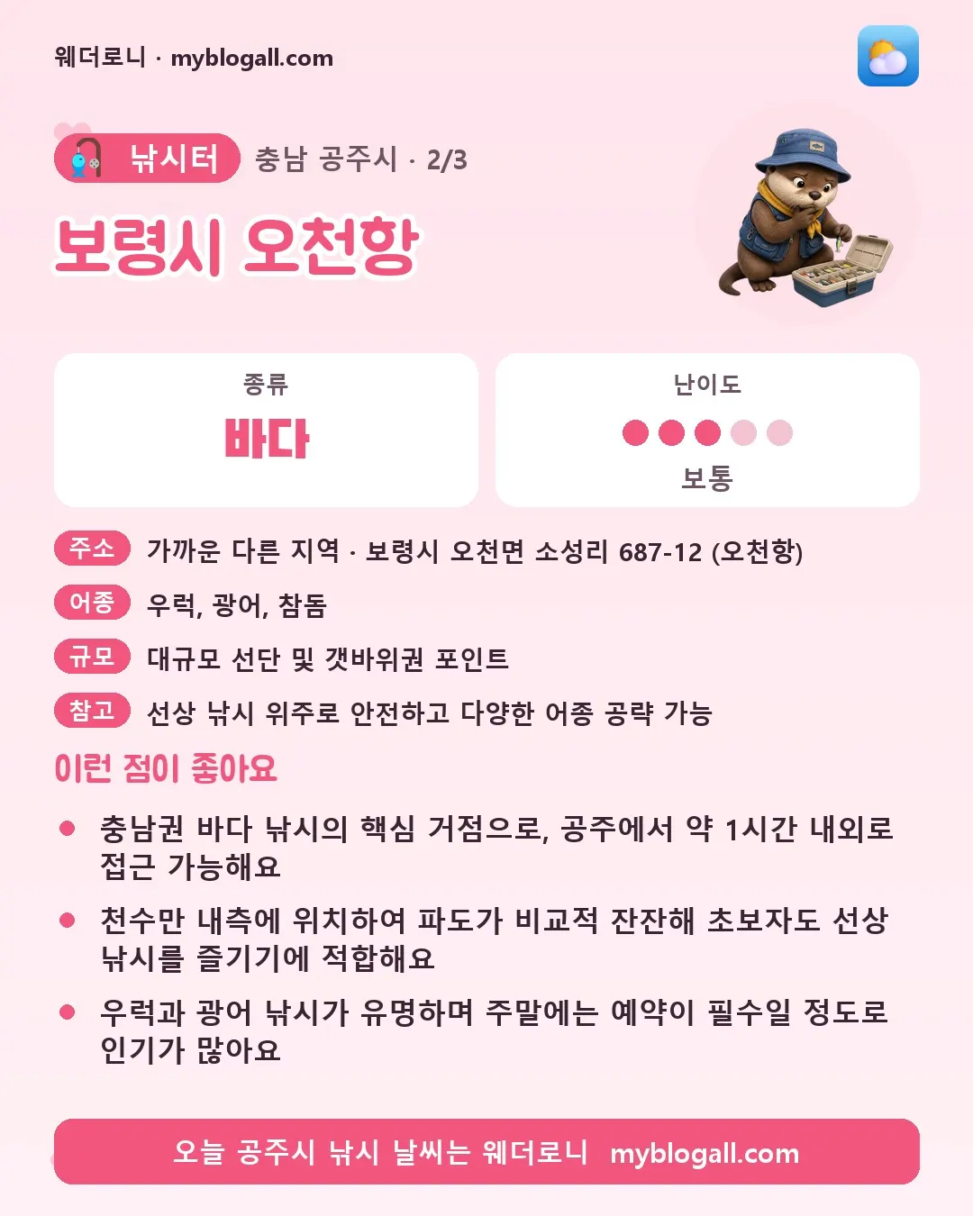 공주시 낚시터 · 보령시 오천항 — 바다 · 난이도 3/5 — 충남권 바다 낚시의 핵심 거점으로, 공주에서 약 1시간 내외로 접근 가능해요 — 천수만 내측에 위치하여 파도가 비교적 잔잔해 초보자도 선상 낚시를 즐기기에 적합해요