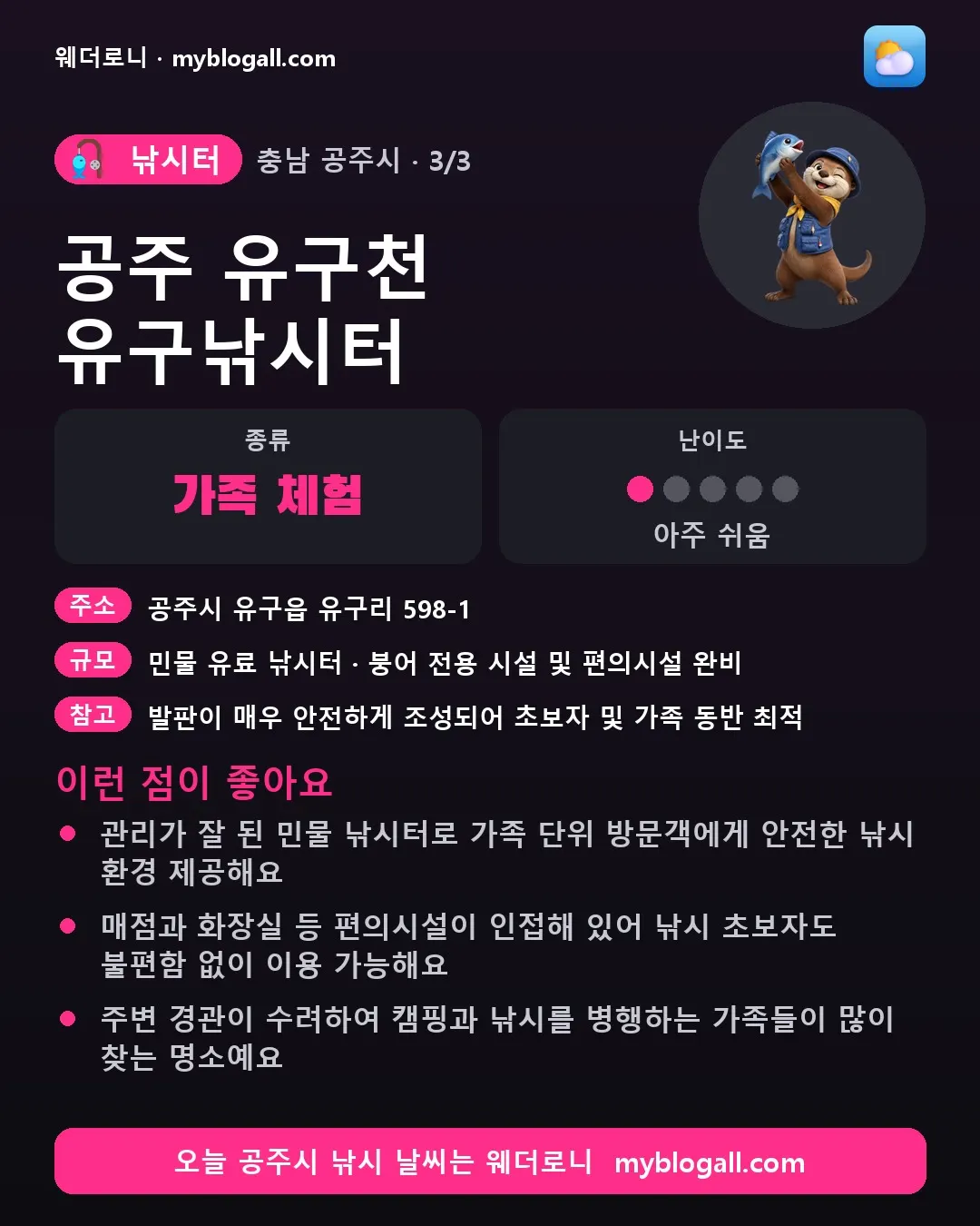 공주시 낚시터 · 공주 유구천 유구낚시터 — 가족·체험 · 난이도 1/5 — 관리가 잘 된 민물 낚시터로 가족 단위 방문객에게 안전한 낚시 환경 제공해요 — 매점과 화장실 등 편의시설이 인접해 있어 낚시 초보자도 불편함 없이 이용 가능해요