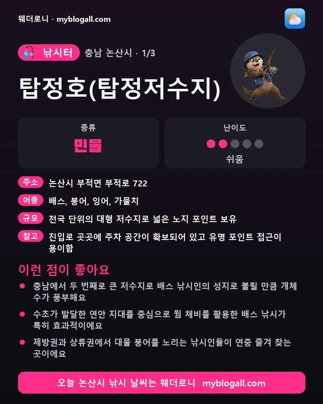 논산시 낚시터 · 탑정호(탑정저수지) — 민물 · 난이도 2/5 — 충남에서 두 번째로 큰 저수지로 배스 낚시인의 성지로 불릴 만큼 개체 수가 풍부해요 — 수초가 발달한 연안 지대를 중심으로 웜 채비를 활용한 배스 낚시가 특히 효과적이에요