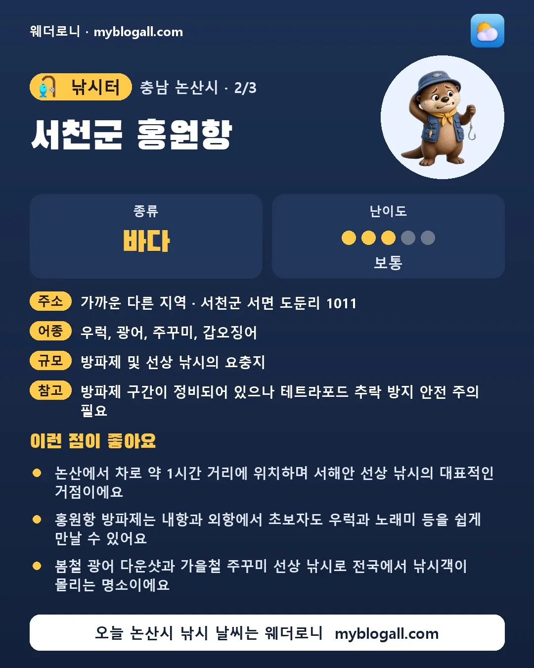 논산시 낚시터 · 서천군 홍원항 — 바다 · 난이도 3/5 — 논산에서 차로 약 1시간 거리에 위치하며 서해안 선상 낚시의 대표적인 거점이에요 — 홍원항 방파제는 내항과 외항에서 초보자도 우럭과 노래미 등을 쉽게 만날 수 있어요