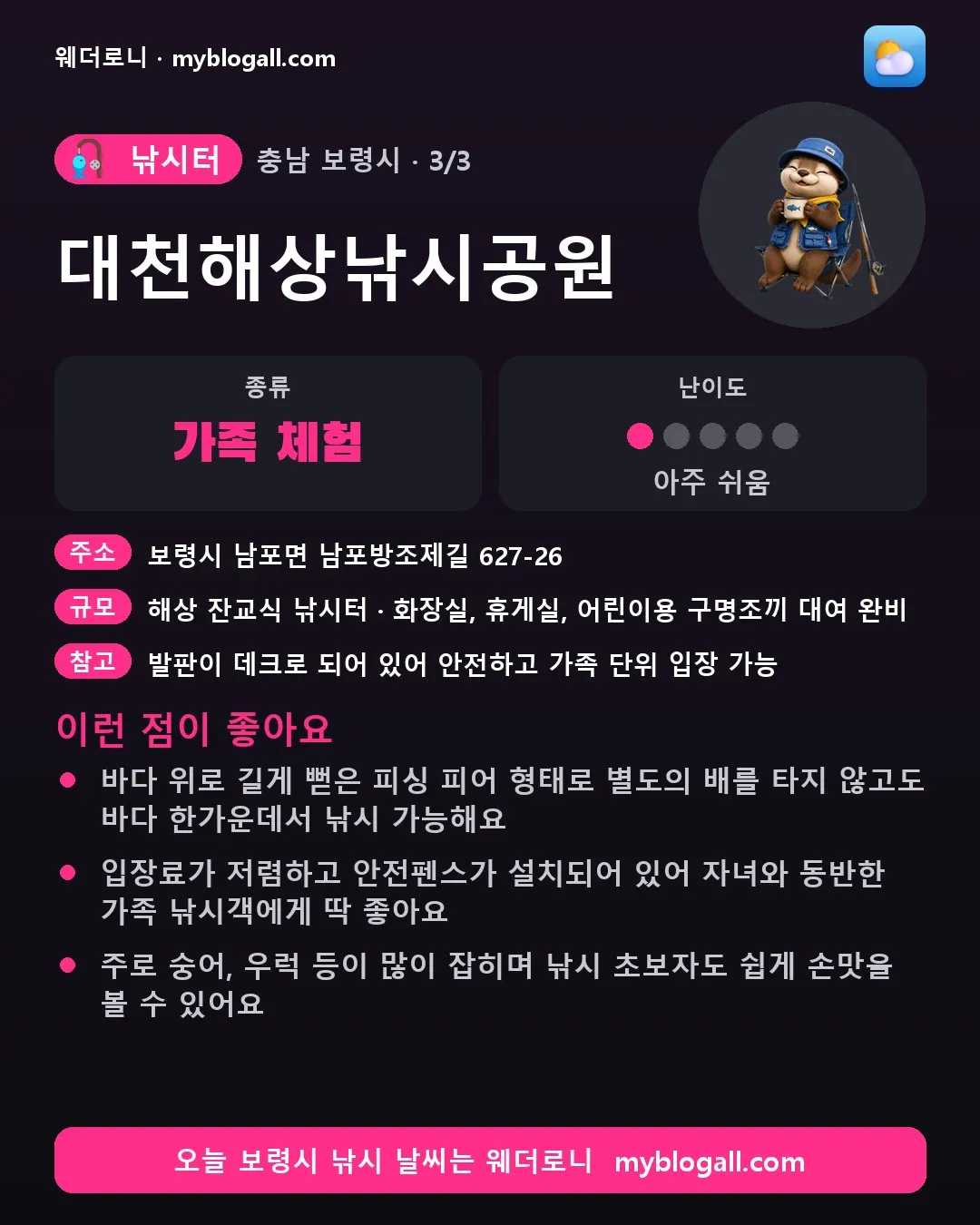 보령시 낚시터 · 대천해상낚시공원 — 가족·체험 · 난이도 1/5 — 바다 위로 길게 뻗은 피싱 피어 형태로 별도의 배를 타지 않고도 바다 한가운데서 낚시 가능해요 — 입장료가 저렴하고 안전펜스가 설치되어 있어 자녀와 동반한 가족 낚시객에게 딱 좋아요