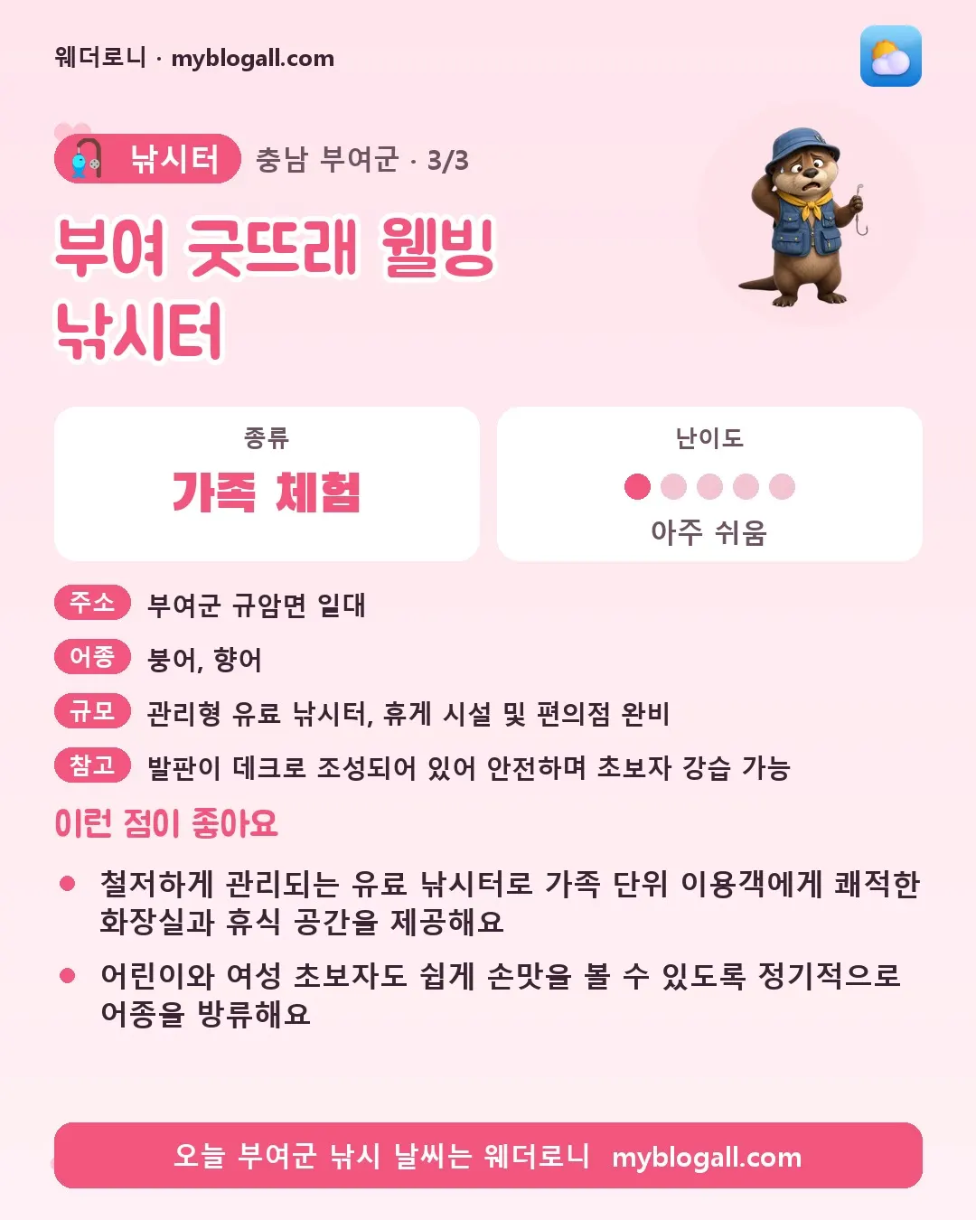 부여군 낚시터 · 부여 굿뜨래 웰빙 낚시터 — 가족·체험 · 난이도 1/5 — 철저하게 관리되는 유료 낚시터로 가족 단위 이용객에게 쾌적한 화장실과 휴식 공간을 제공해요 — 어린이와 여성 초보자도 쉽게 손맛을 볼 수 있도록 정기적으로 어종을 방류해요