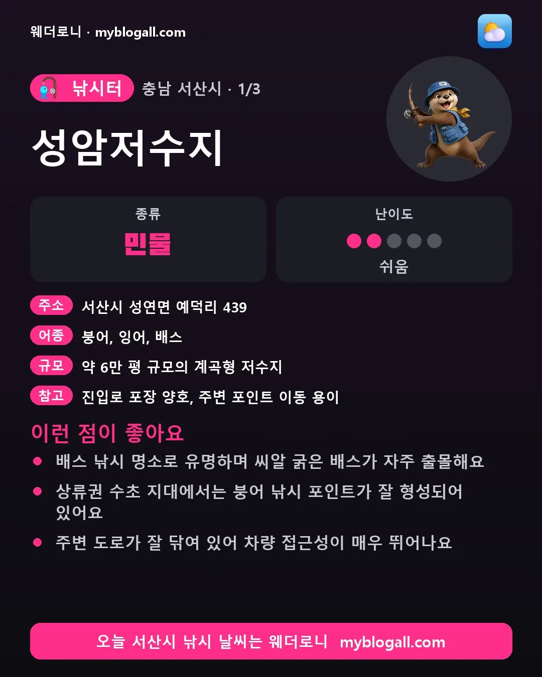 서산시 낚시터 · 성암저수지 — 민물 · 난이도 2/5 — 배스 낚시 명소로 유명하며 씨알 굵은 배스가 자주 출몰해요 — 상류권 수초 지대에서는 붕어 낚시 포인트가 잘 형성되어 있어요