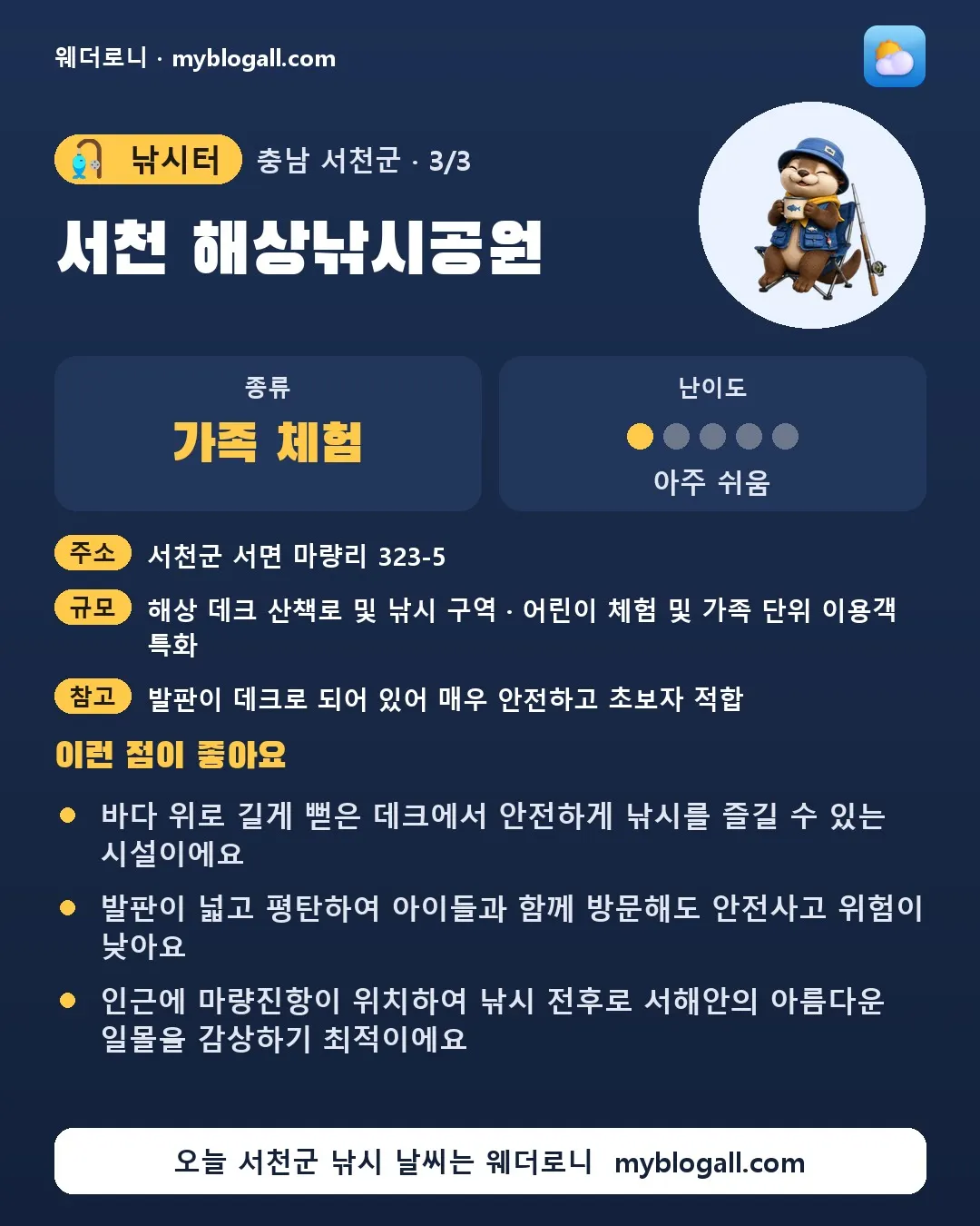 서천군 낚시터 · 서천 해상낚시공원 — 가족·체험 · 난이도 1/5 — 바다 위로 길게 뻗은 데크에서 안전하게 낚시를 즐길 수 있는 시설이에요 — 발판이 넓고 평탄하여 아이들과 함께 방문해도 안전사고 위험이 낮아요