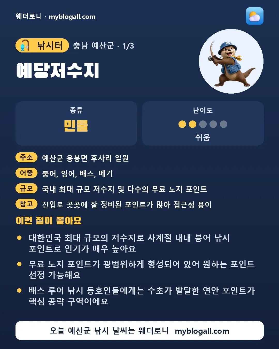 예산군 낚시터 · 예당저수지 — 민물 · 난이도 2/5 — 대한민국 최대 규모의 저수지로 사계절 내내 붕어 낚시 포인트로 인기가 매우 높아요 — 무료 노지 포인트가 광범위하게 형성되어 있어 원하는 포인트 선정 가능해요