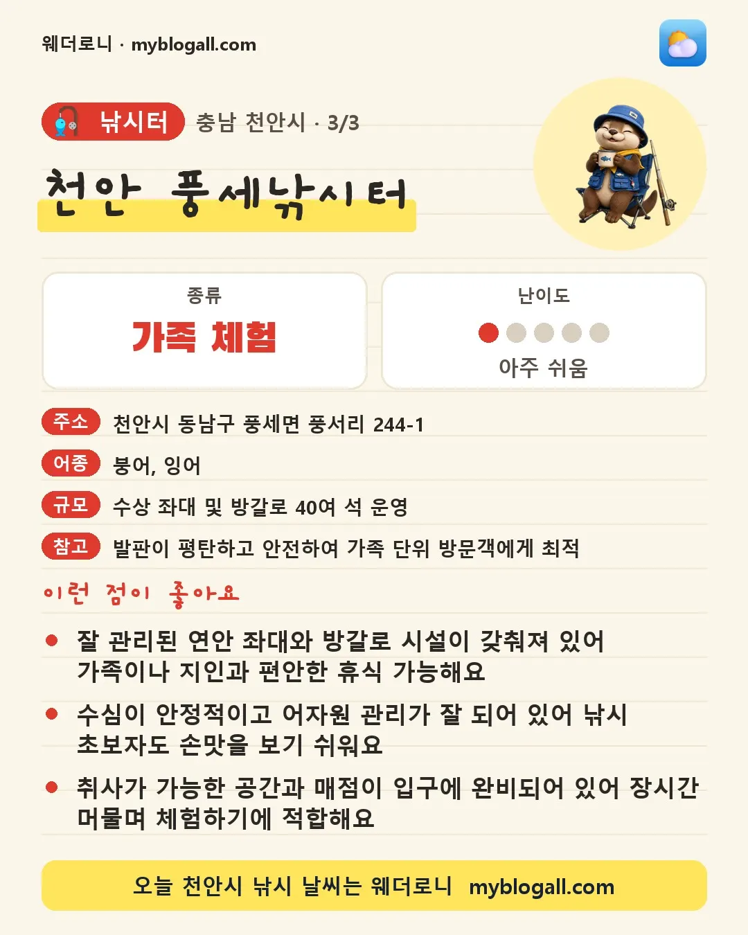 천안시 낚시터 · 천안 풍세낚시터 — 가족·체험 · 난이도 1/5 — 잘 관리된 연안 좌대와 방갈로 시설이 갖춰져 있어 가족이나 지인과 편안한 휴식 가능해요 — 수심이 안정적이고 어자원 관리가 잘 되어 있어 낚시 초보자도 손맛을 보기 쉬워요