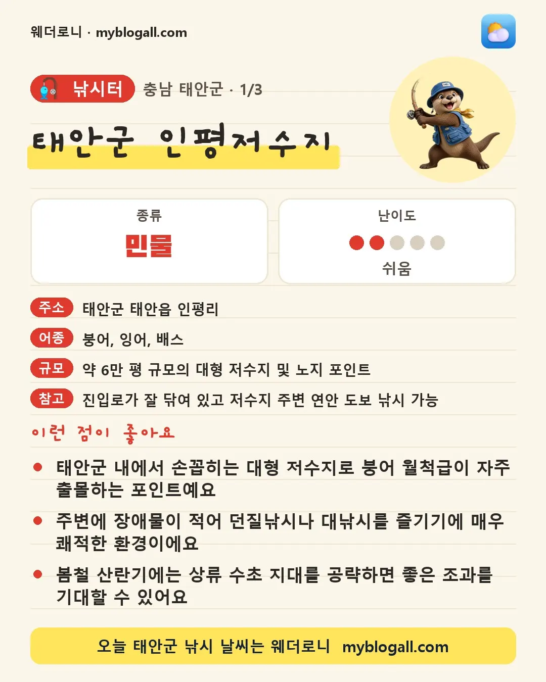 태안군 낚시터 · 태안군 인평저수지 — 민물 · 난이도 2/5 — 태안군 내에서 손꼽히는 대형 저수지로 붕어 월척급이 자주 출몰하는 포인트예요 — 주변에 장애물이 적어 던질낚시나 대낚시를 즐기기에 매우 쾌적한 환경이에요