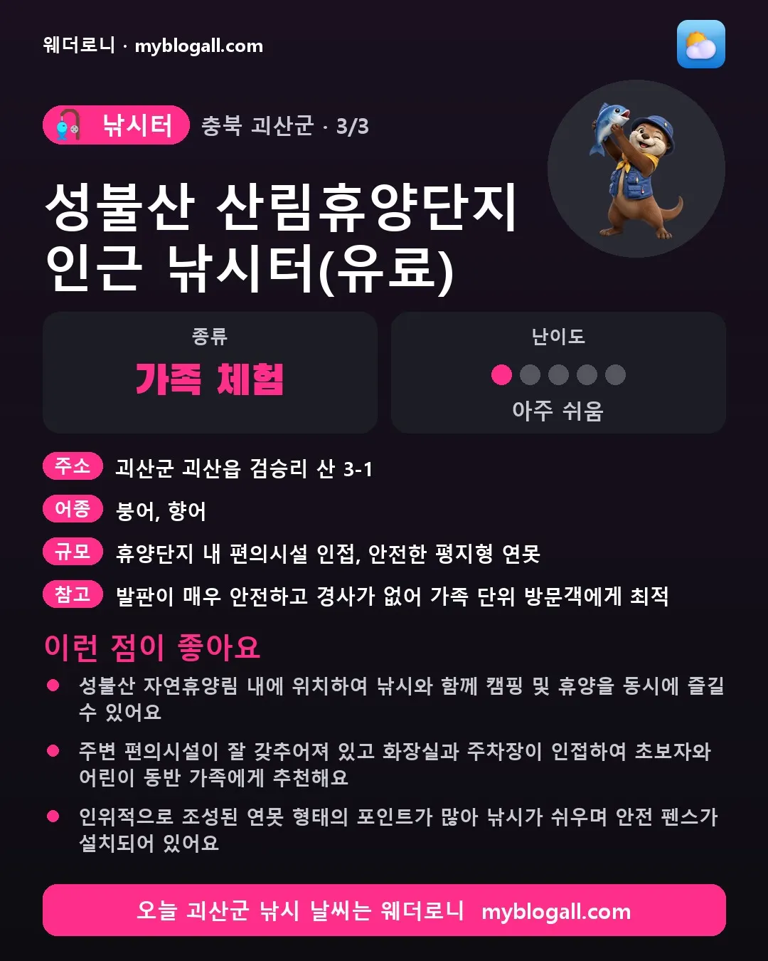 괴산군 낚시터 · 성불산 산림휴양단지 인근 낚시터(유료) — 가족·체험 · 난이도 1/5 — 성불산 자연휴양림 내에 위치하여 낚시와 함께 캠핑 및 휴양을 동시에 즐길 수 있어요 — 주변 편의시설이 잘 갖추어져 있고 화장실과 주차장이 인접하여 초보자와 어린이 동반 가족에게 추천해요