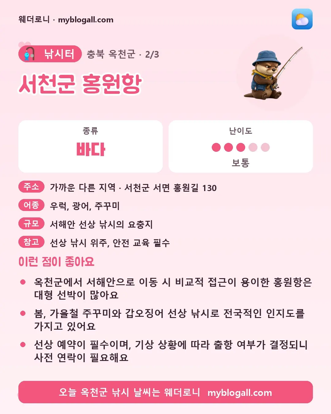 옥천군 낚시터 · 서천군 홍원항 — 바다 · 난이도 3/5 — 옥천군에서 서해안으로 이동 시 비교적 접근이 용이한 홍원항은 대형 선박이 많아요 — 봄, 가을철 주꾸미와 갑오징어 선상 낚시로 전국적인 인지도를 가지고 있어요