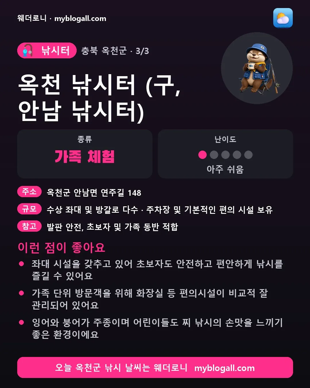 옥천군 낚시터 · 옥천 낚시터 (구, 안남 낚시터) — 가족·체험 · 난이도 1/5 — 좌대 시설을 갖추고 있어 초보자도 안전하고 편안하게 낚시를 즐길 수 있어요 — 가족 단위 방문객을 위해 화장실 등 편의시설이 비교적 잘 관리되어 있어요