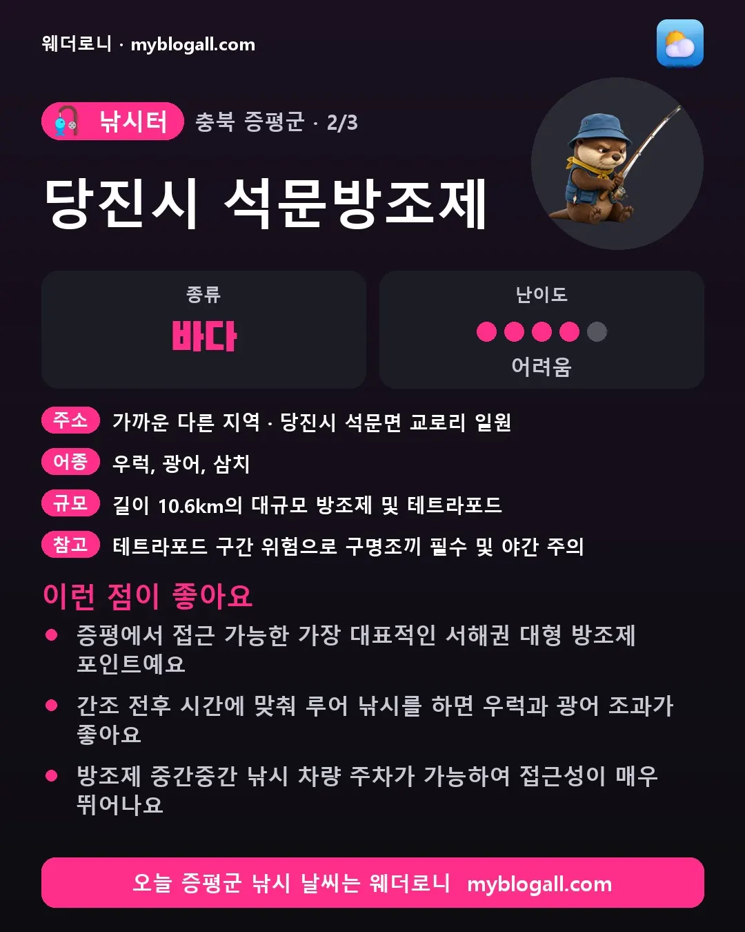 증평군 낚시터 · 당진시 석문방조제 — 바다 · 난이도 4/5 — 증평에서 접근 가능한 가장 대표적인 서해권 대형 방조제 포인트예요 — 간조 전후 시간에 맞춰 루어 낚시를 하면 우럭과 광어 조과가 좋아요