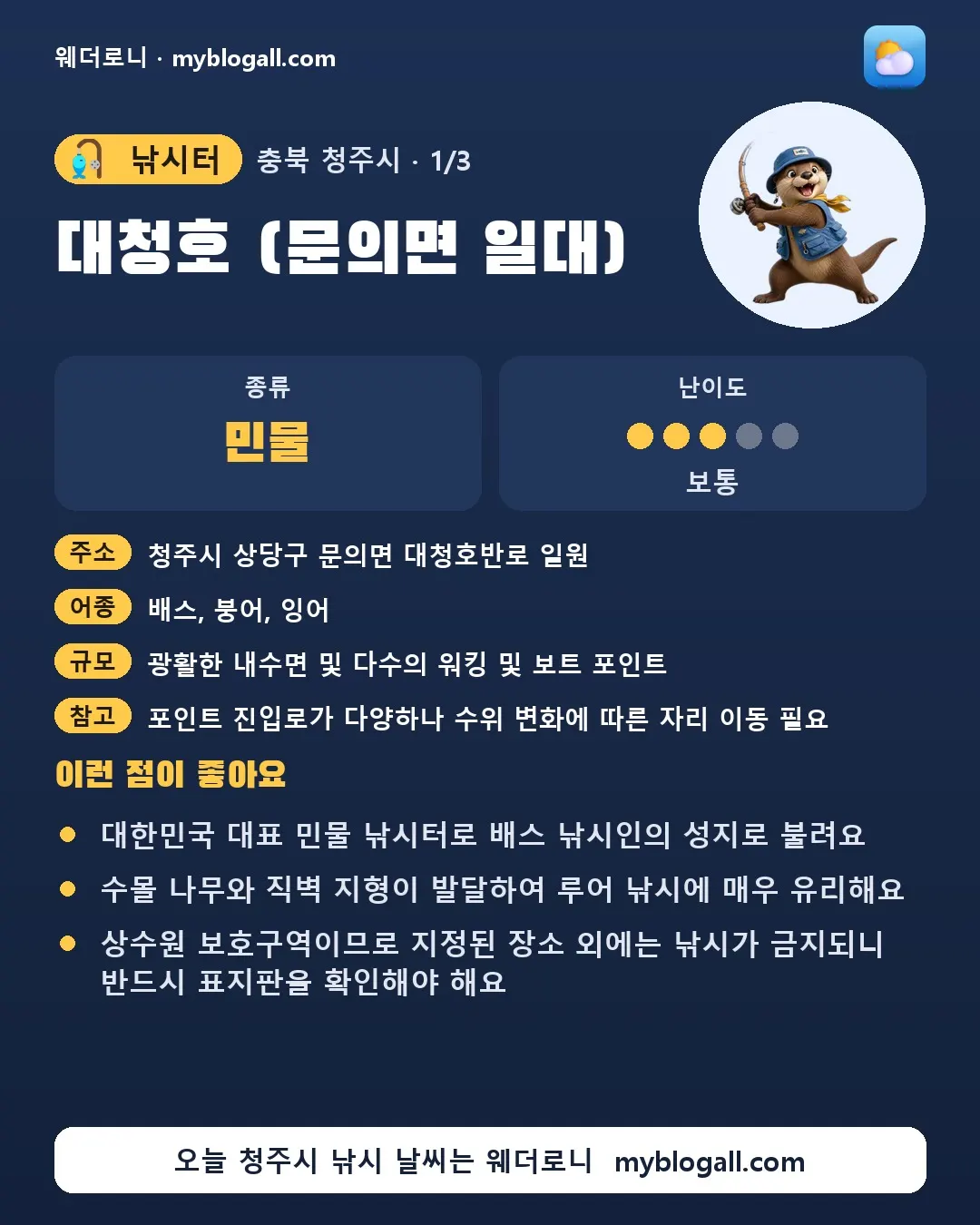 청주시 낚시터 · 대청호 (문의면 일대) — 민물 · 난이도 3/5 — 대한민국 대표 민물 낚시터로 배스 낚시인의 성지로 불려요 — 수몰 나무와 직벽 지형이 발달하여 루어 낚시에 매우 유리해요