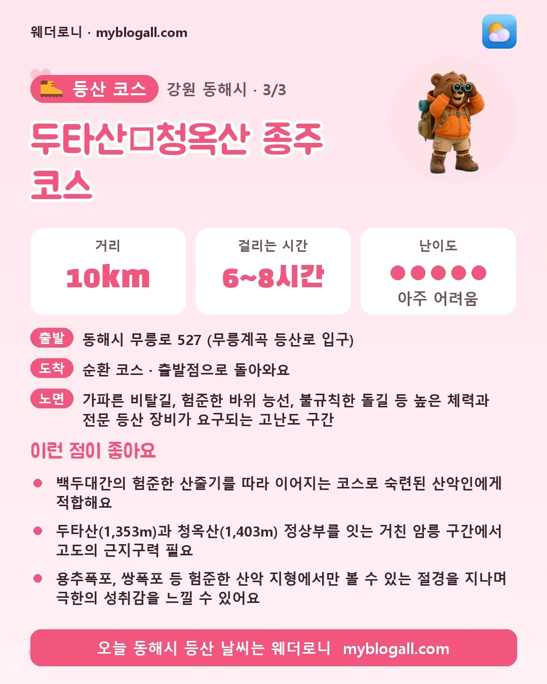 동해시 등산 코스 · 두타산·청옥산 종주 코스 — 10km · 6~8시간 · 난이도 5/5 — 백두대간의 험준한 산줄기를 따라 이어지는 코스로 숙련된 산악인에게 적합해요 — 두타산(1,353m)과 청옥산(1,403m) 정상부를 잇는 거친 암릉 구간에서 고도의 근지구력 필요