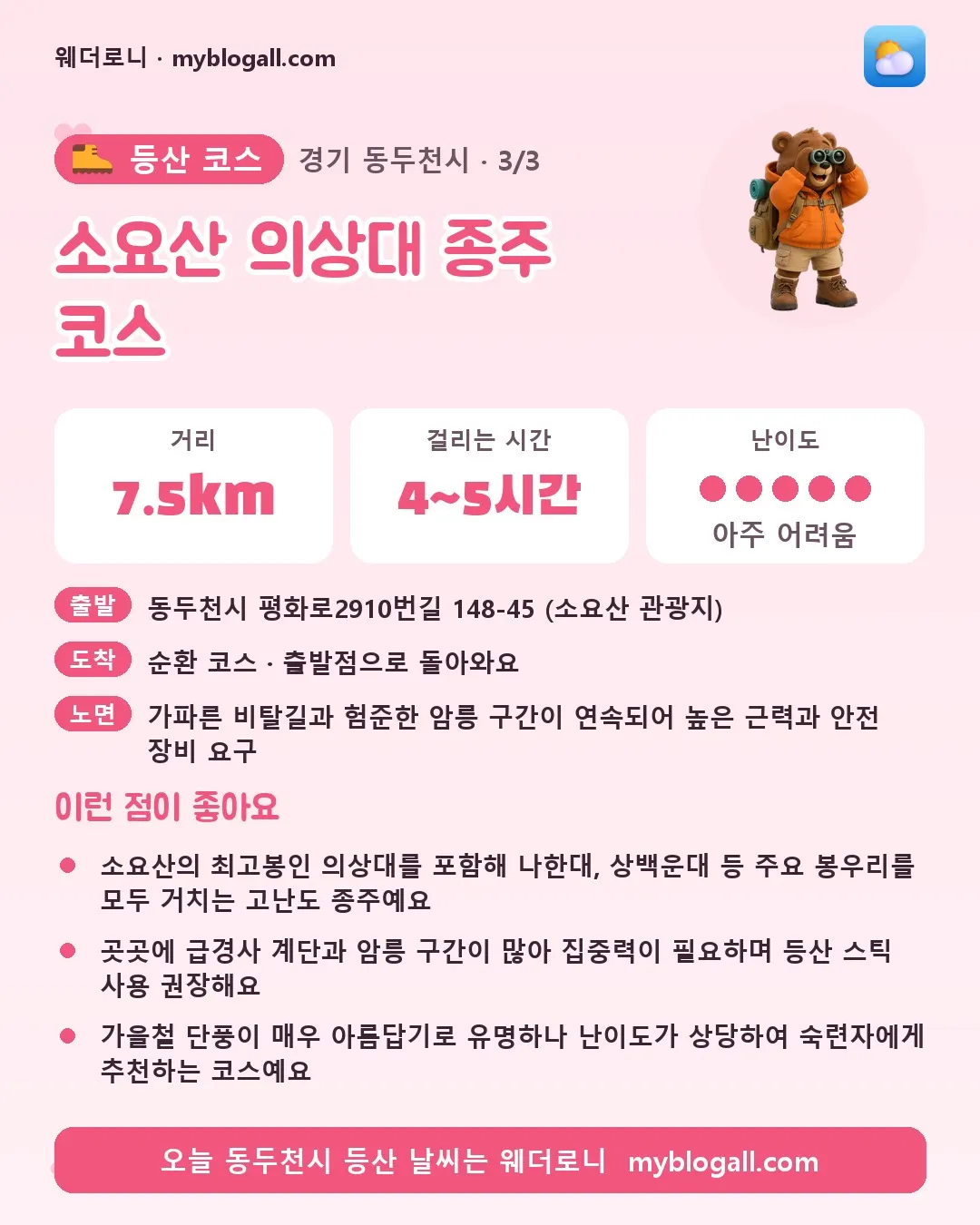 동두천시 등산 코스 · 소요산 의상대 종주 코스 — 7.5km · 4~5시간 · 난이도 5/5 — 소요산의 최고봉인 의상대를 포함해 나한대, 상백운대 등 주요 봉우리를 모두 거치는 고난도 종주예요 — 곳곳에 급경사 계단과 암릉 구간이 많아 집중력이 필요하며 등산 스틱 사용 권장해요
