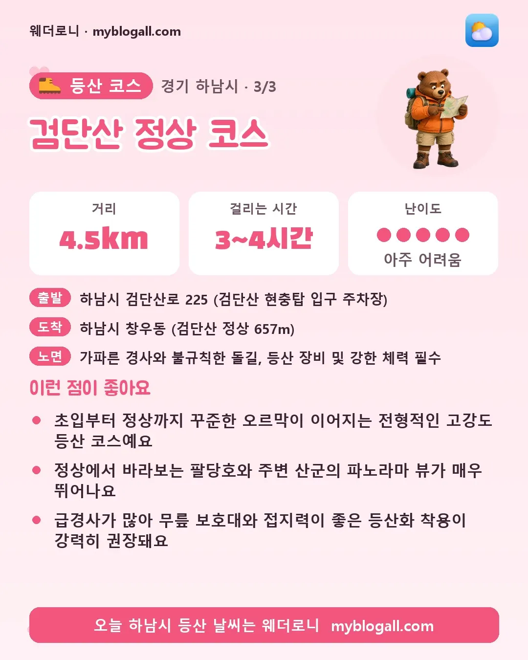 하남시 등산 코스 · 검단산 정상 코스 — 4.5km · 3~4시간 · 난이도 5/5 — 초입부터 정상까지 꾸준한 오르막이 이어지는 전형적인 고강도 등산 코스예요 — 정상에서 바라보는 팔당호와 주변 산군의 파노라마 뷰가 매우 뛰어나요