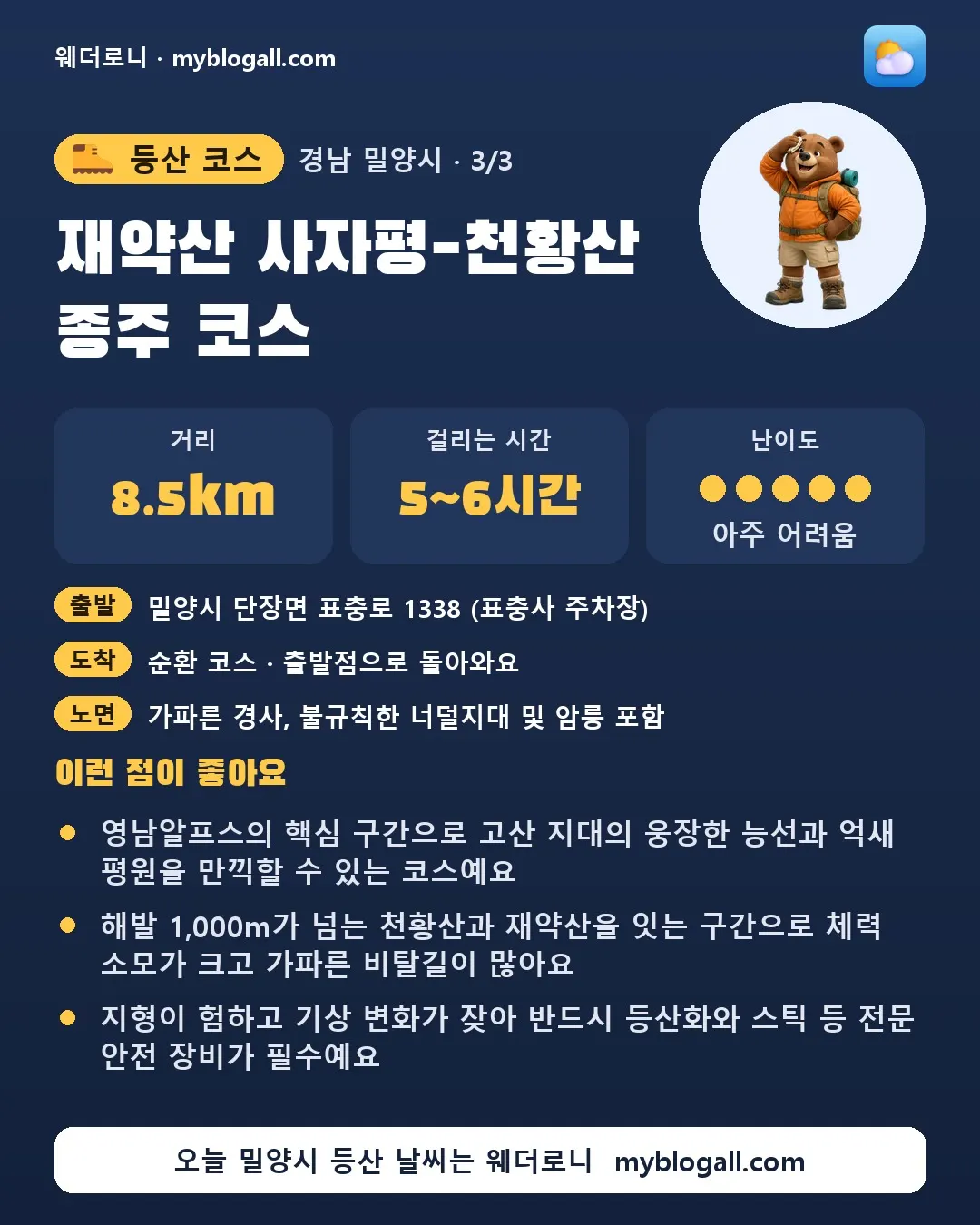 밀양시 등산 코스 · 재약산 사자평-천황산 종주 코스 — 8.5km · 5~6시간 · 난이도 5/5 — 영남알프스의 핵심 구간으로 고산 지대의 웅장한 능선과 억새 평원을 만끽할 수 있는 코스예요 — 해발 1,000m가 넘는 천황산과 재약산을 잇는 구간으로 체력 소모가 크고 가파른 비탈길이 많아요